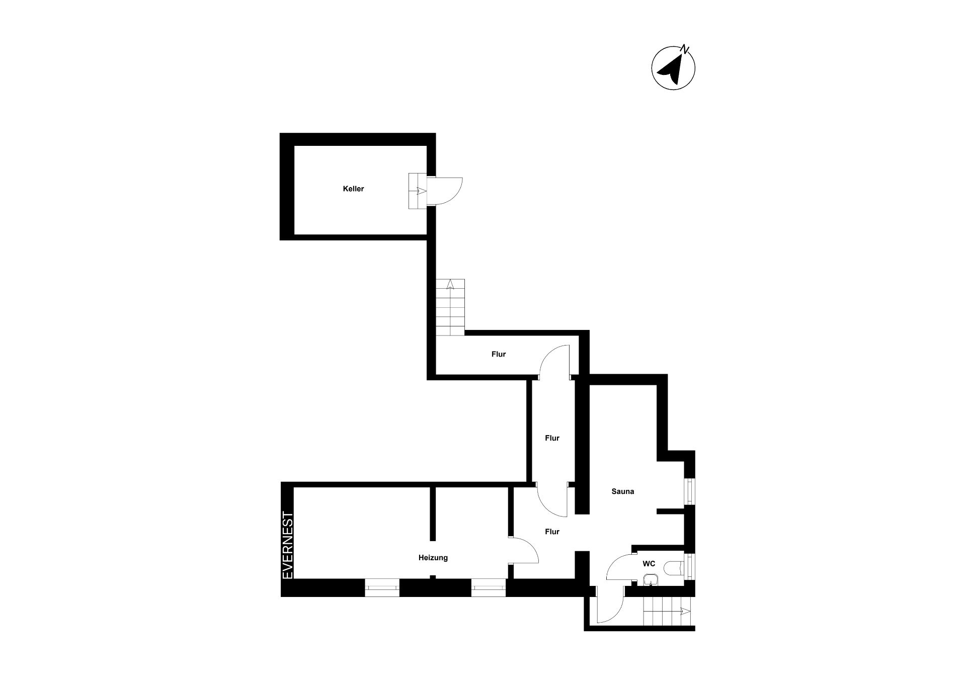 Grundriss eines Kellers mit Heizungsraum, Sauna, WC und mehreren Fluren.