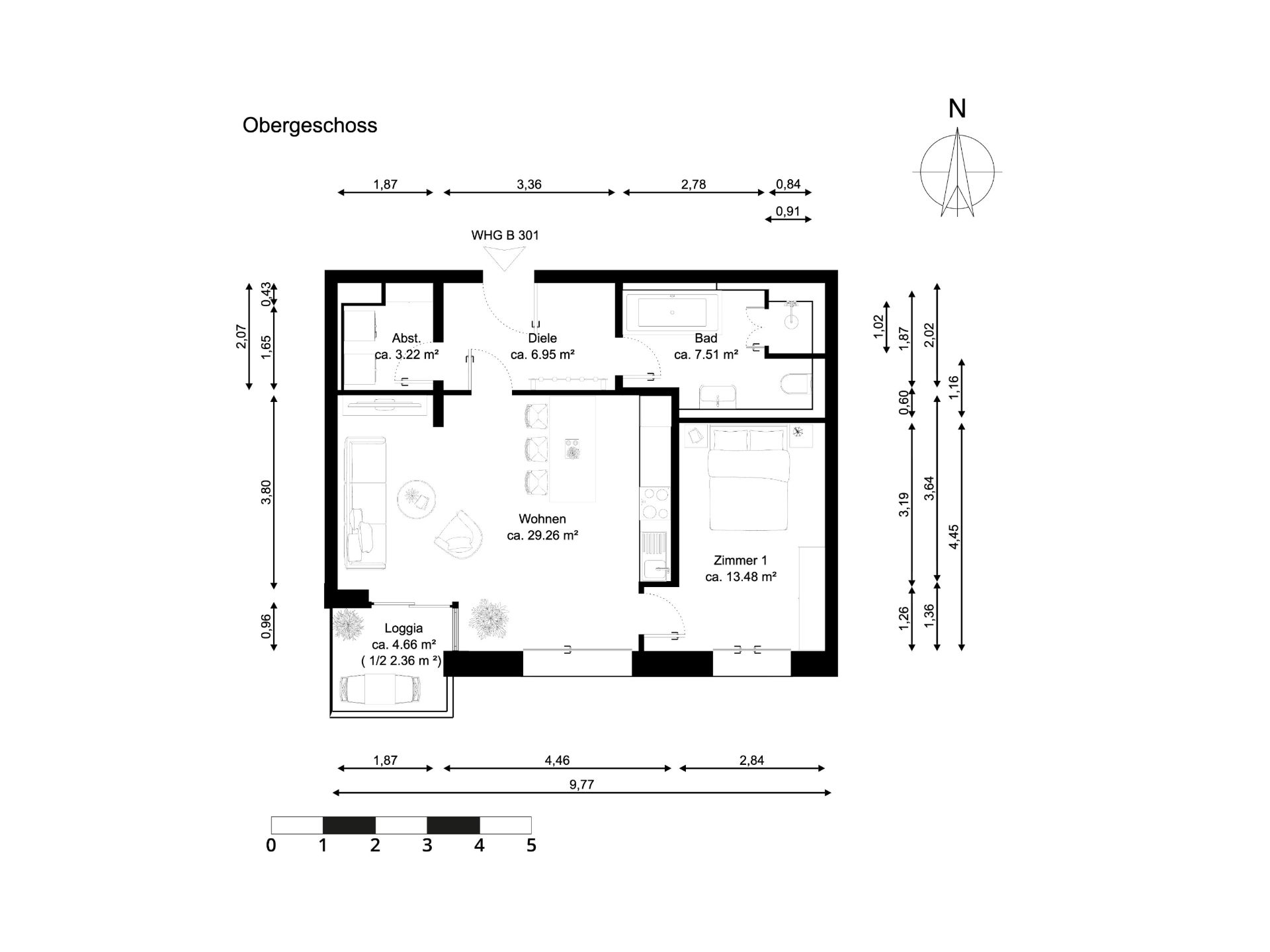 Grundriss einer Wohnung mit Wohnzimmer, Schlafzimmer, Bad, Diele, Abstellraum und Loggia.