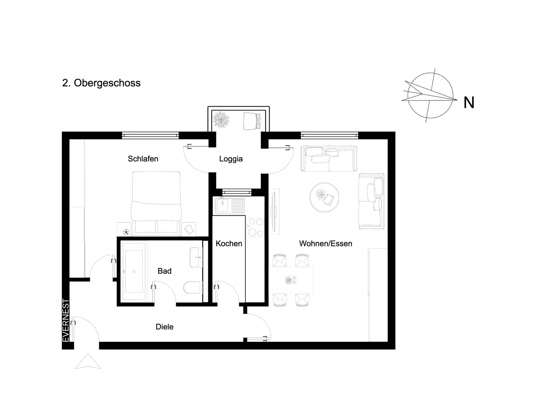 Grundriss einer Wohnung mit Schlafzimmer, Bad, Küche, Diele, Loggia und Wohn-/Essbereich.