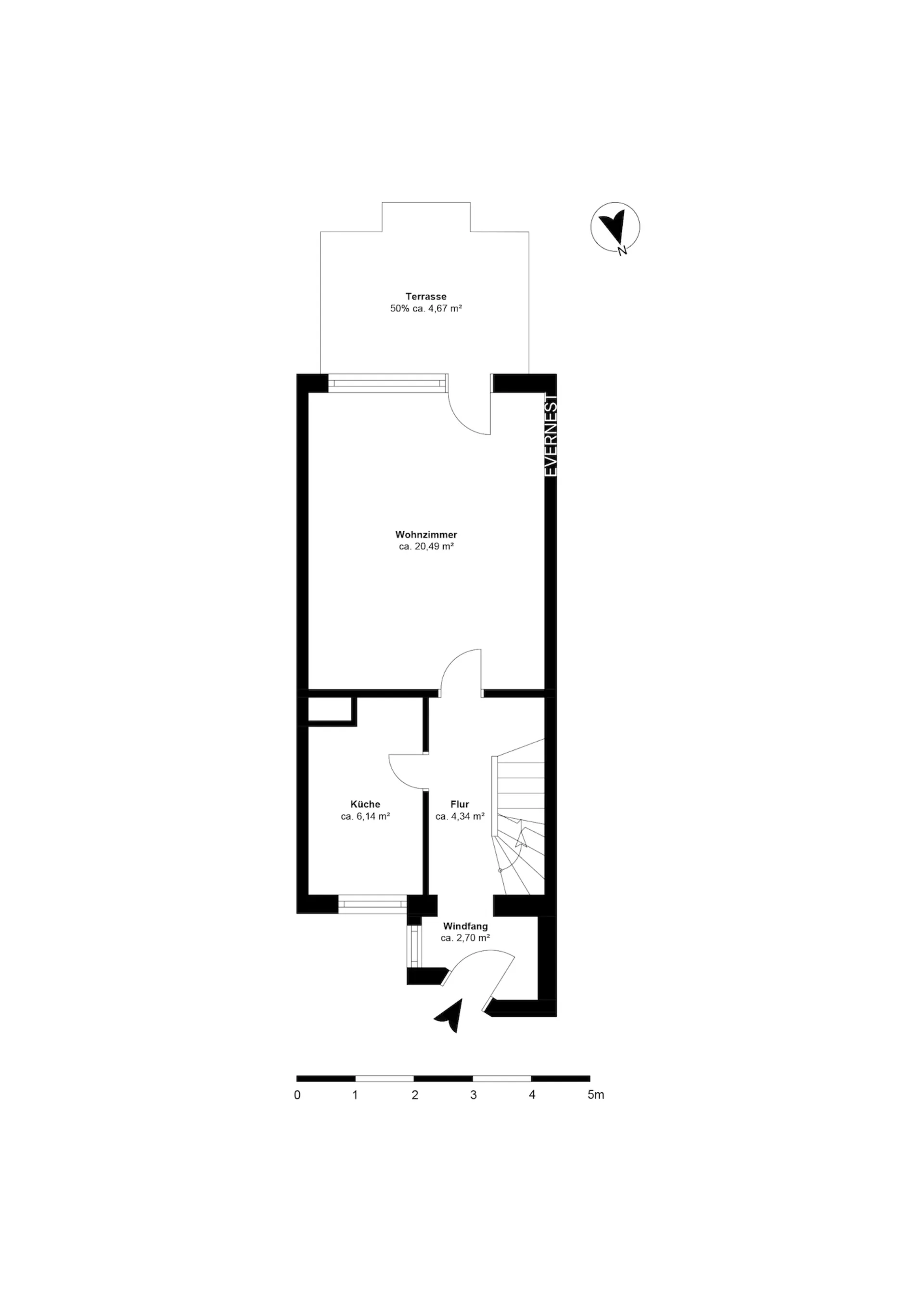 Grundriss zeigt Wohnzimmer, Küche, Flur, Windfang und Terrasse mit Flächenangaben.