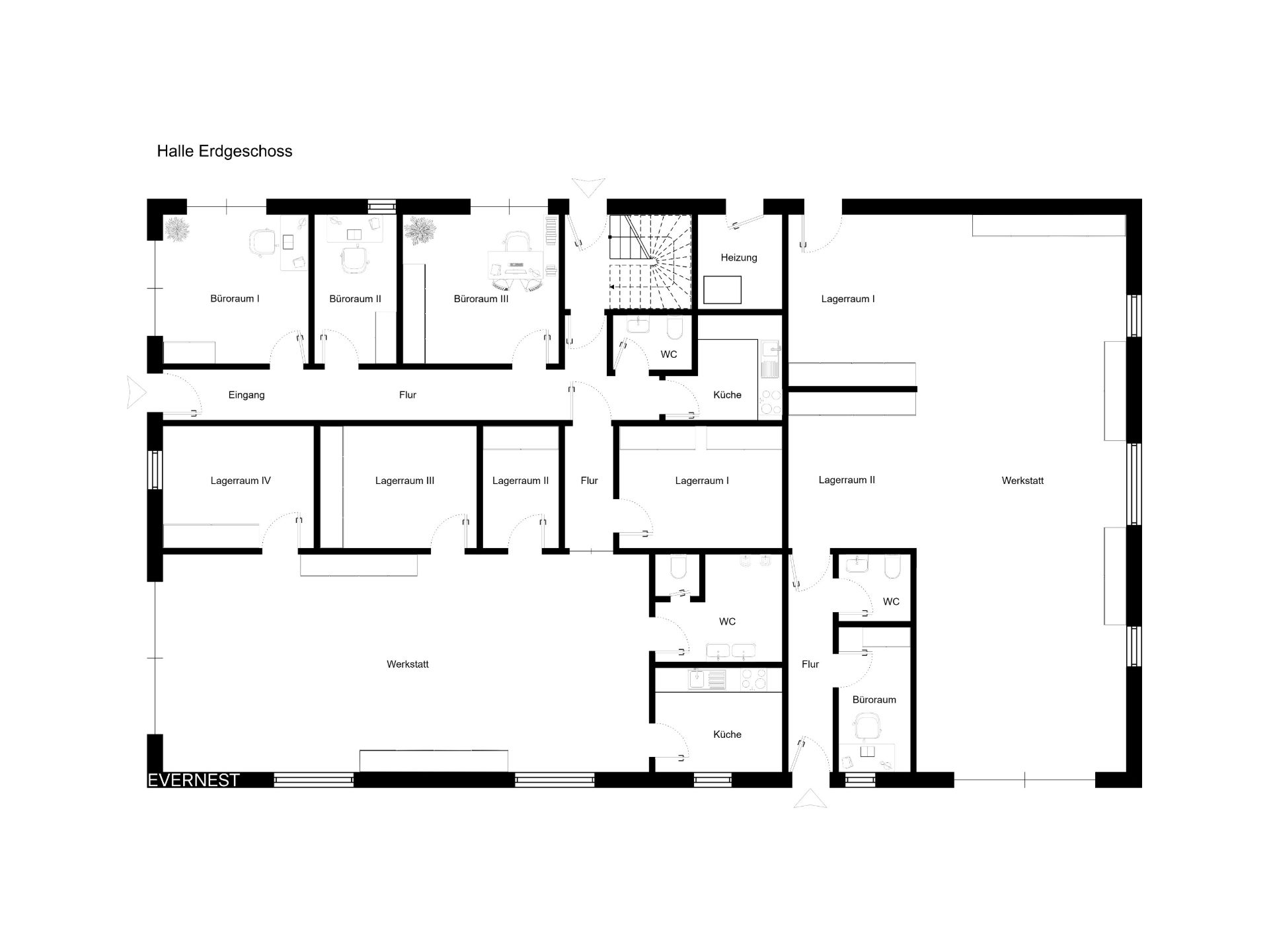 Grundriss des Erdgeschosses mit Büros, Lagerräumen, Werkstatt, Küche und WCs.