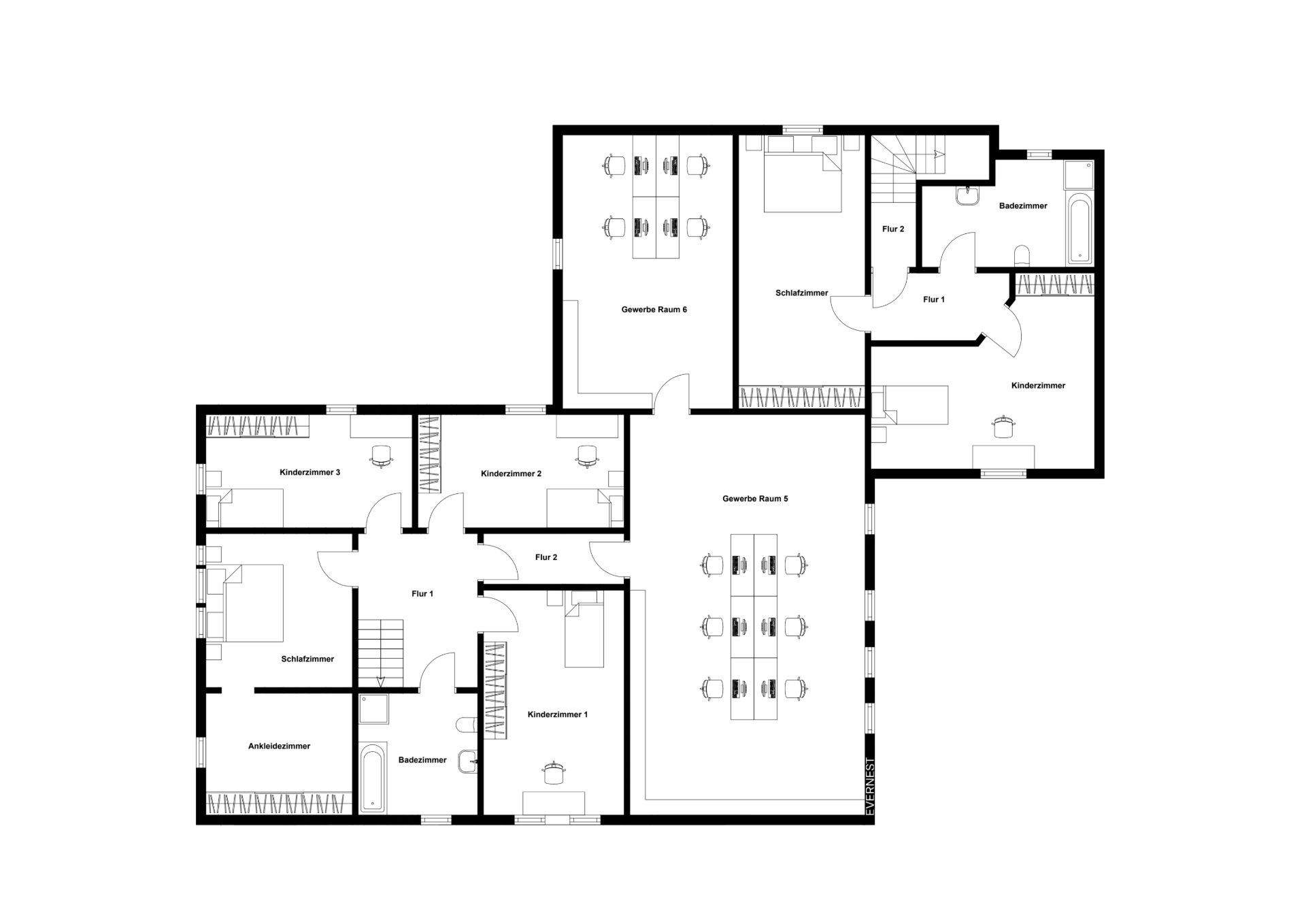Grundriss eines Wohnhauses mit mehreren Schlafzimmern, Kinderzimmern, Bädern und Gemeinschaftsräumen.