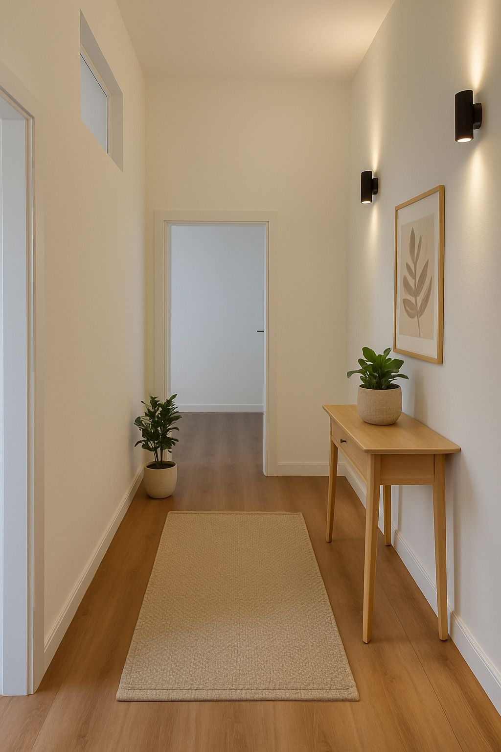 Heller Flur mit Holzboden, Teppich, zwei Pflanzen, Tisch und Wandbild.