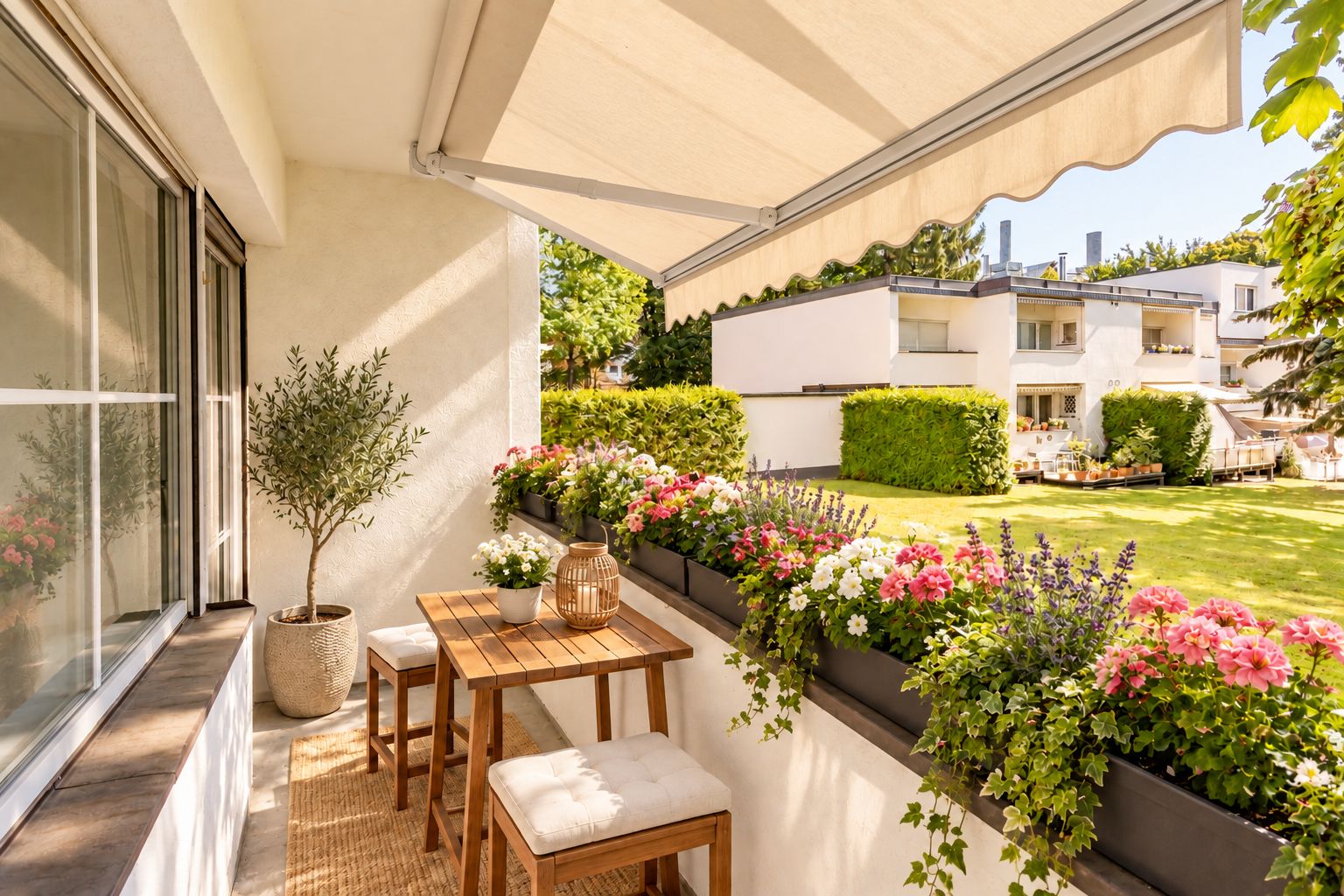 Balkon mit Holztisch, zwei Hockern, Blumenkästen und Markise, Blick auf grünen Garten.
