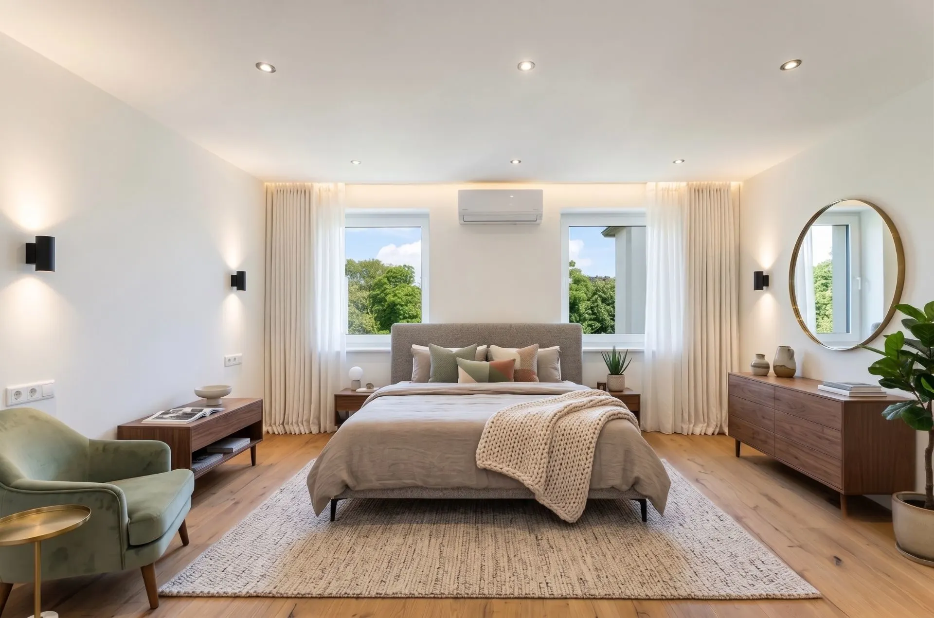 Modernes Schlafzimmer mit großem Bett, zwei Fenstern, Pflanzen und Holzkommode.