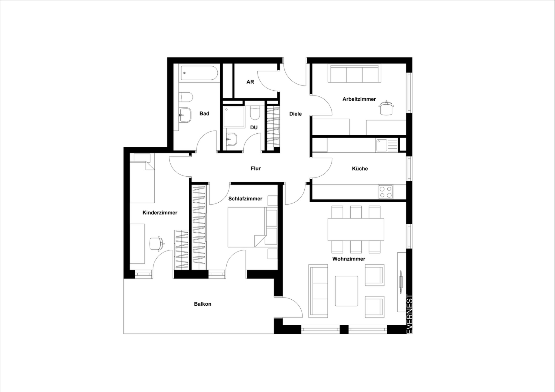 Grundriss einer Wohnung mit Wohnzimmer, Schlafzimmer, Kinderzimmer, Küche, Bad, Arbeitszimmer und Balkon.