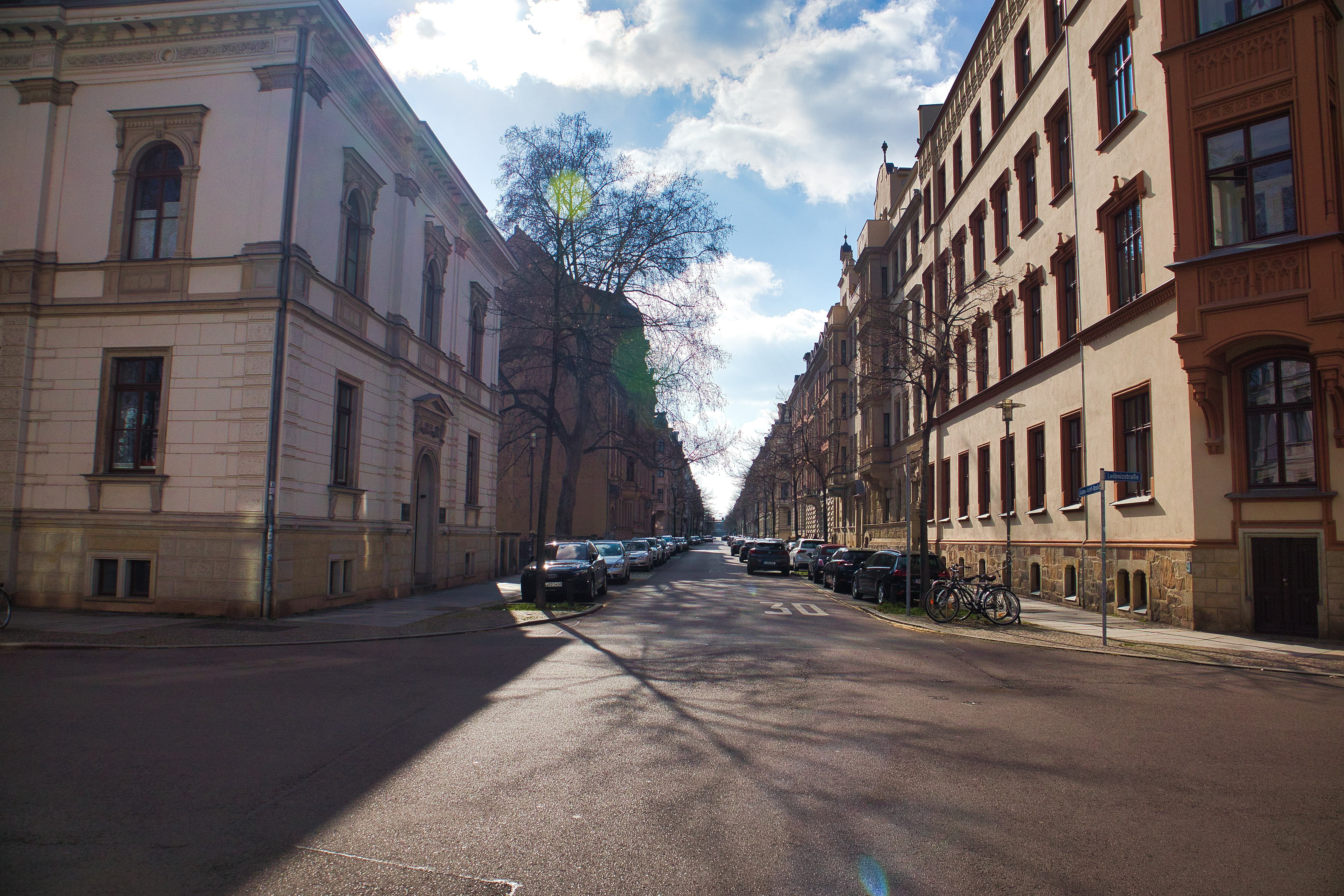 Wohnstraße mit parkenden Autos, Altbauten auf beiden Seiten und einigen Bäumen am Straßenrand.