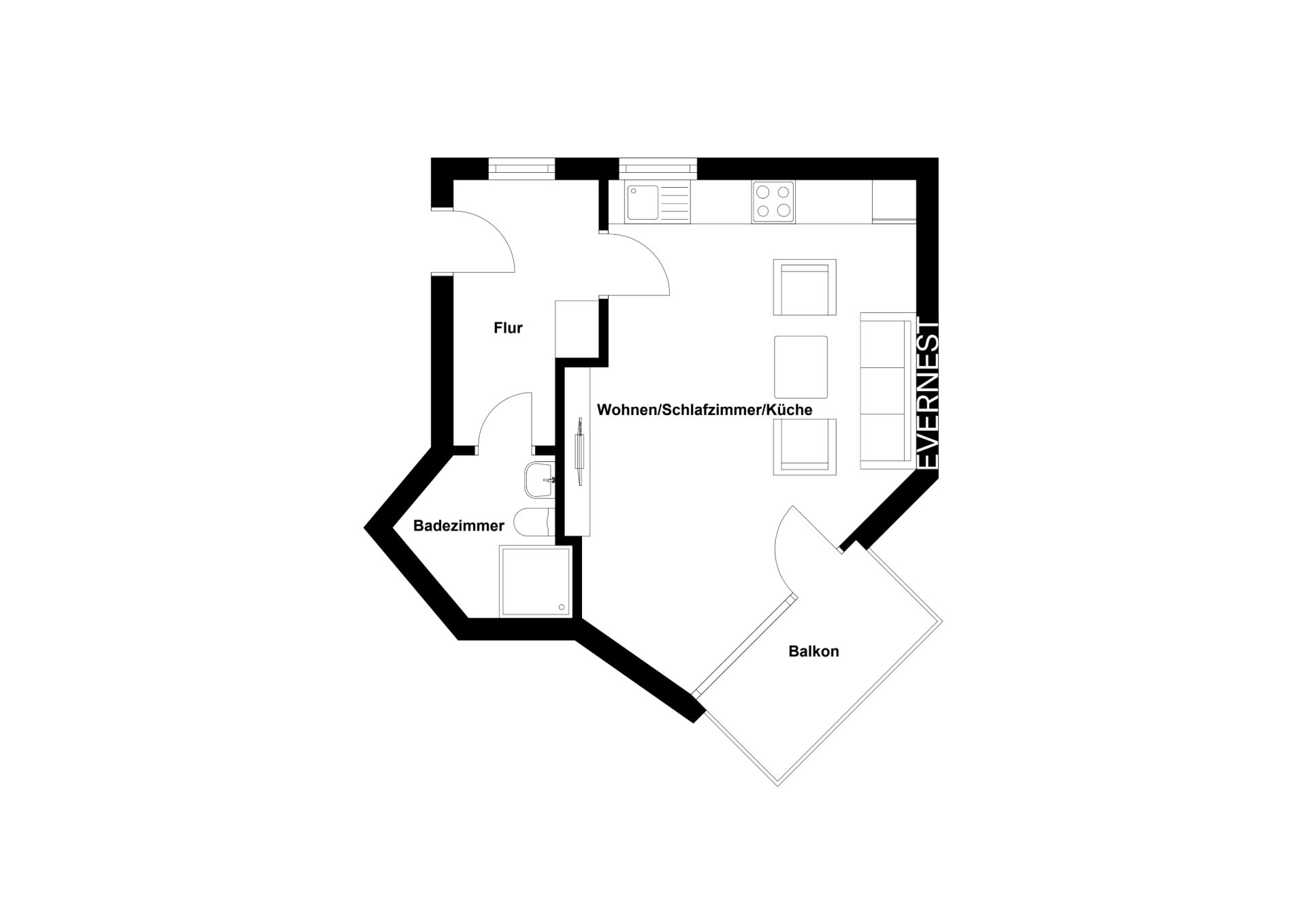 Grundriss einer Wohnung mit Bad, Flur, Wohn-/Schlafbereich mit Küche und Balkon.