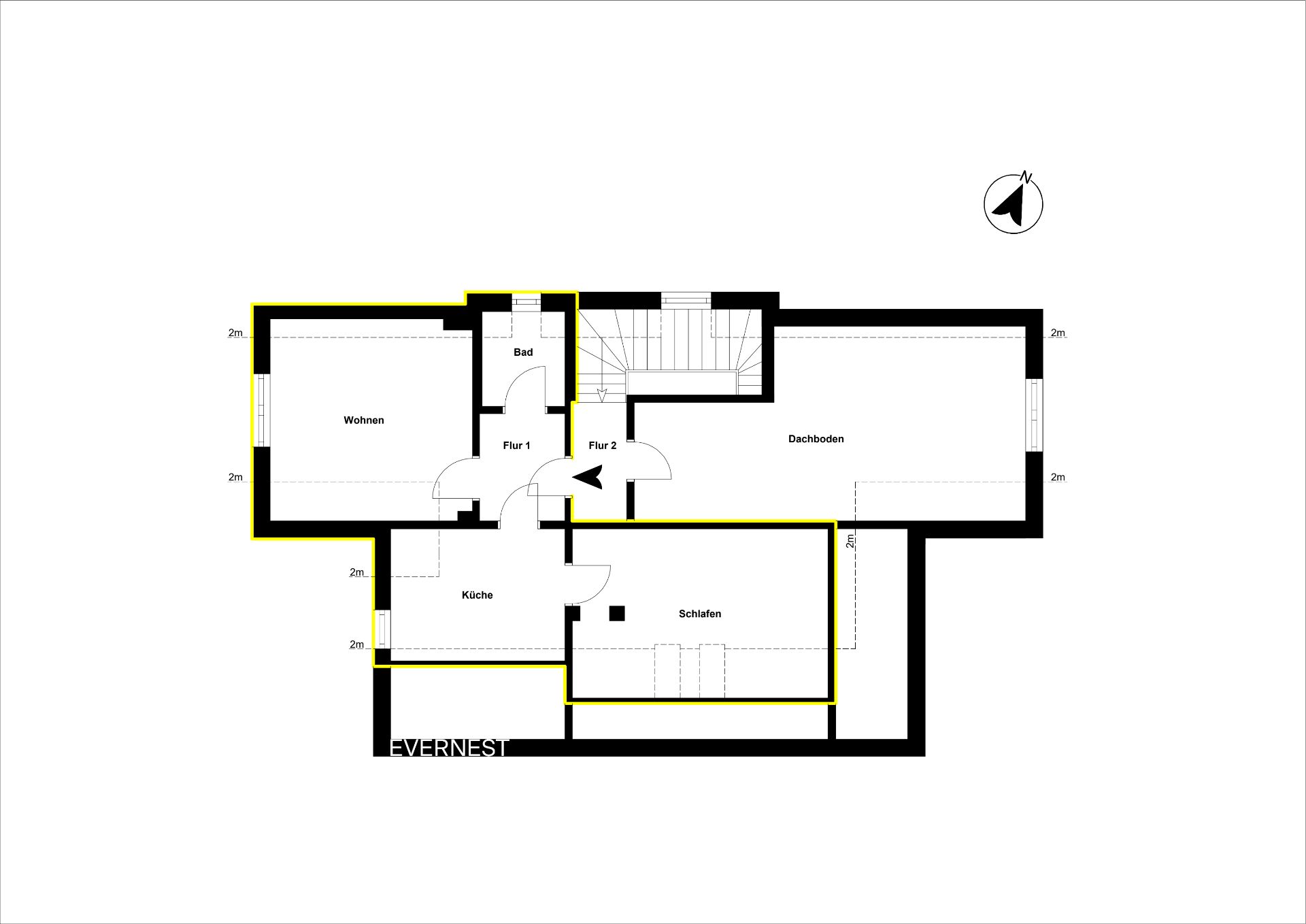 Grundriss einer Wohnung mit Wohnzimmer, Küche, Bad, Schlafzimmer und Dachboden.