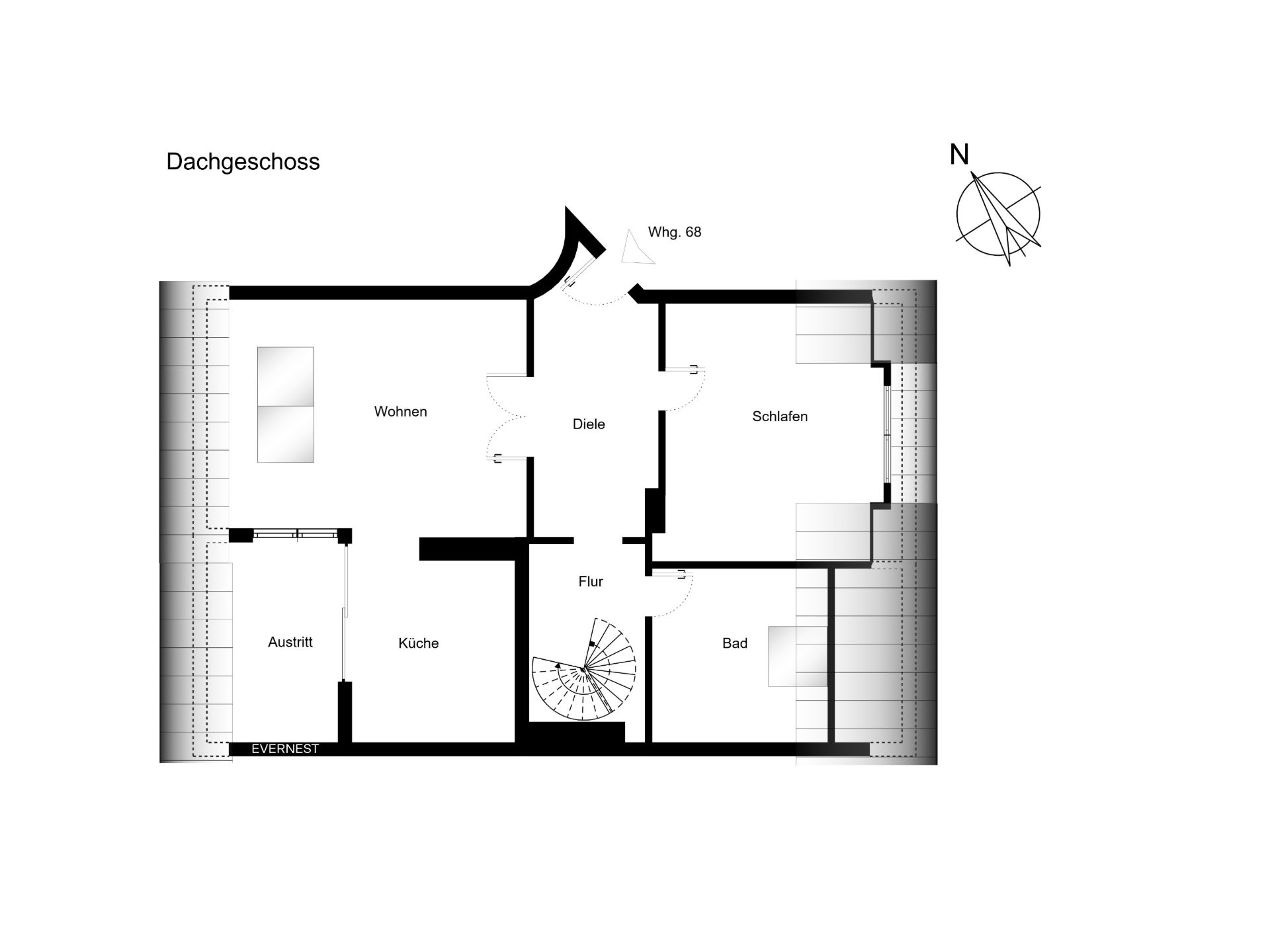 Grundriss einer Wohnung mit Wohnzimmer, Schlafzimmer, Küche, Bad und Flur im Dachgeschoss.