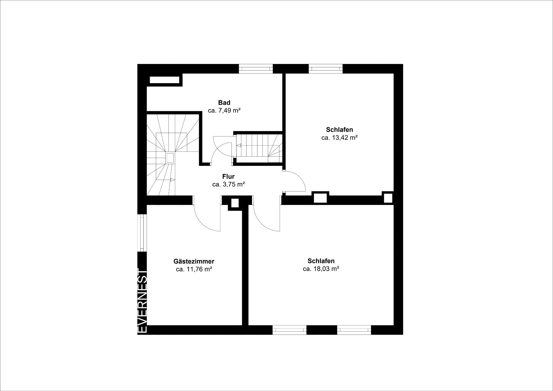 Grundriss mit Bad, Flur, Gästezimmer und zwei Schlafzimmern, jeweils mit Quadratmeterangaben.