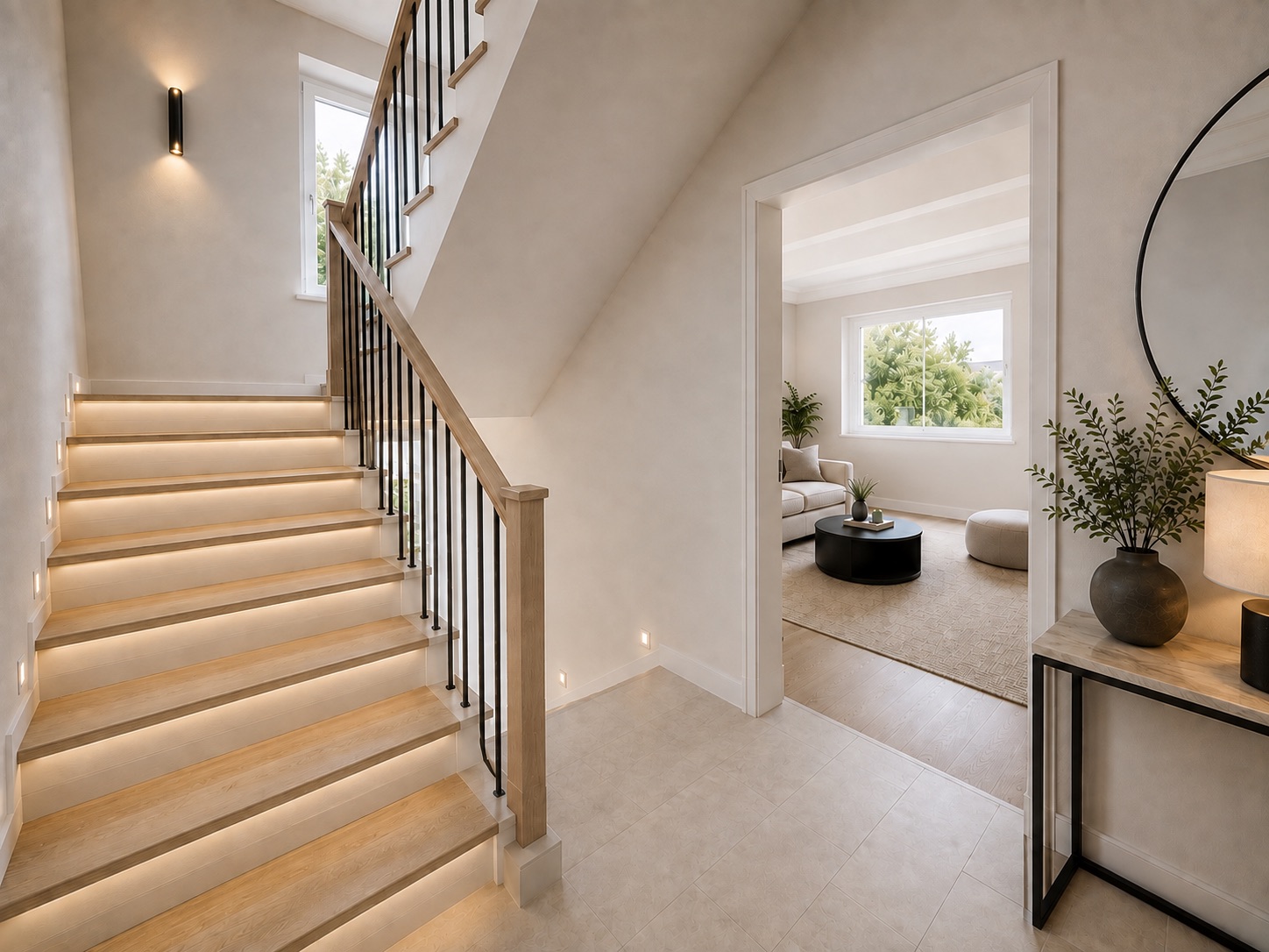 Heller Flur mit Treppe und Blick ins Wohnzimmer mit Sofa und großem Fenster.