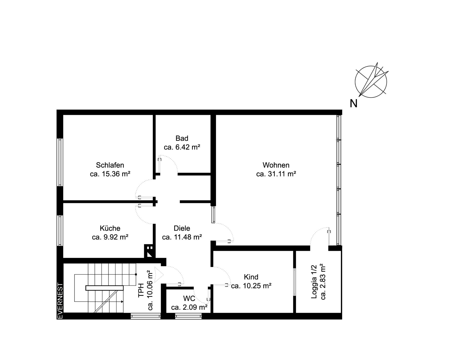 Grundriss mit Schlafzimmer, Wohnzimmer, Küche, Bad, WC, Diele, Kinderzimmer und Loggia.