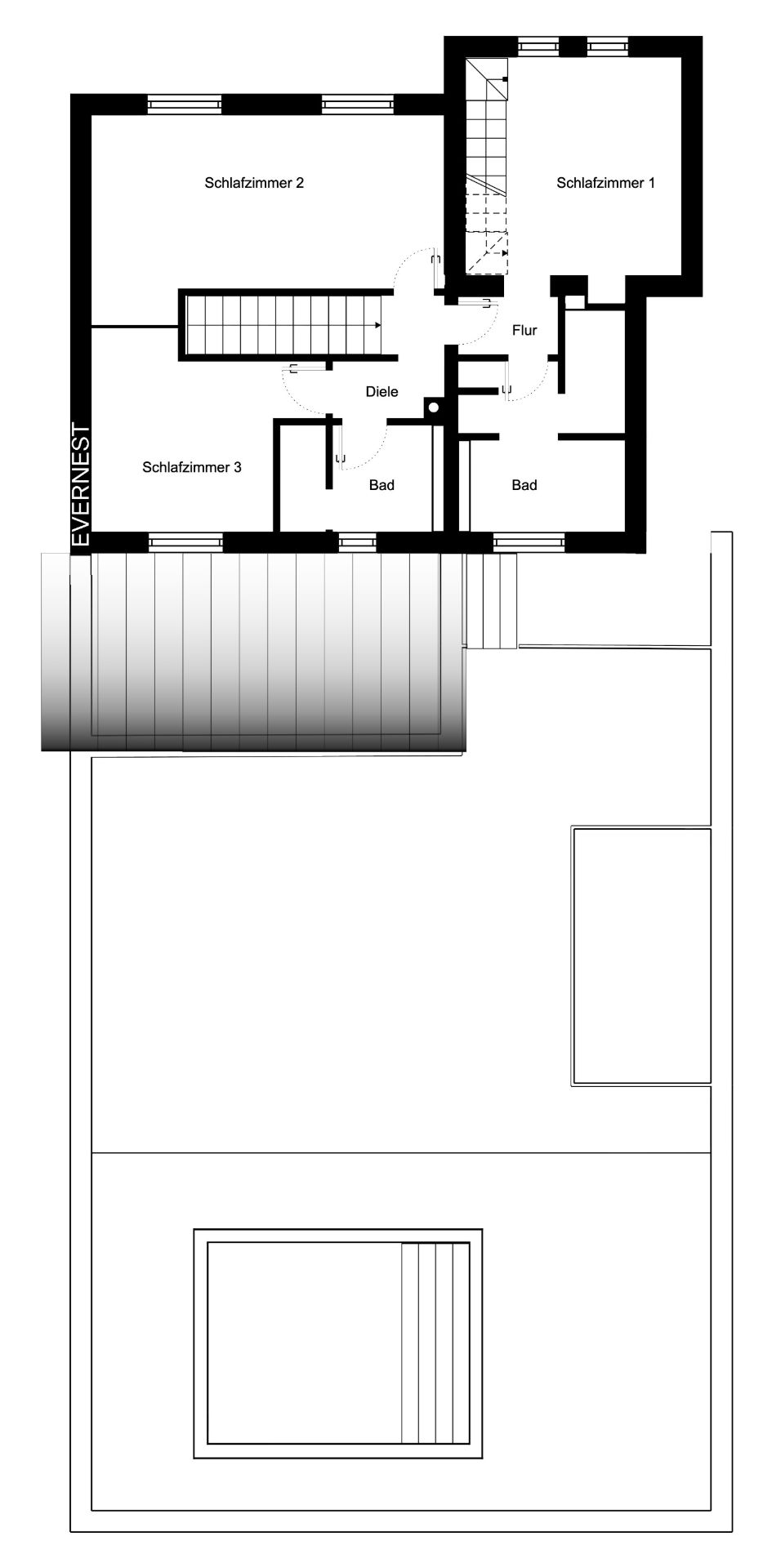Grundriss mit drei Schlafzimmern, zwei Bädern, Flur, Diele und Treppe.