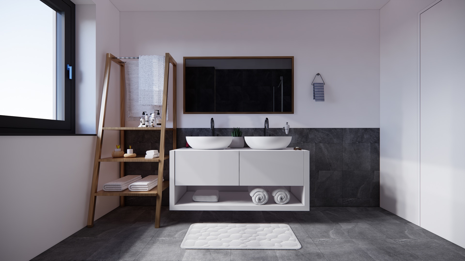 Modernes Badezimmer mit Doppelwaschbecken, Holzregal und Fenster.