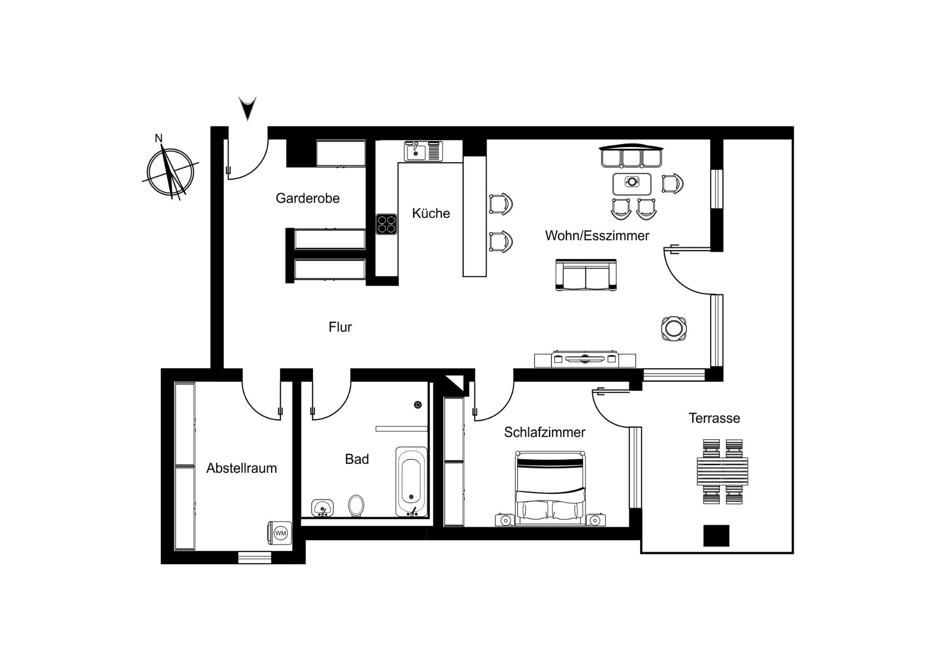 Grundriss einer Wohnung mit Abstellraum, Bad, Schlafzimmer, Küche, Wohnbereich und Terrasse.