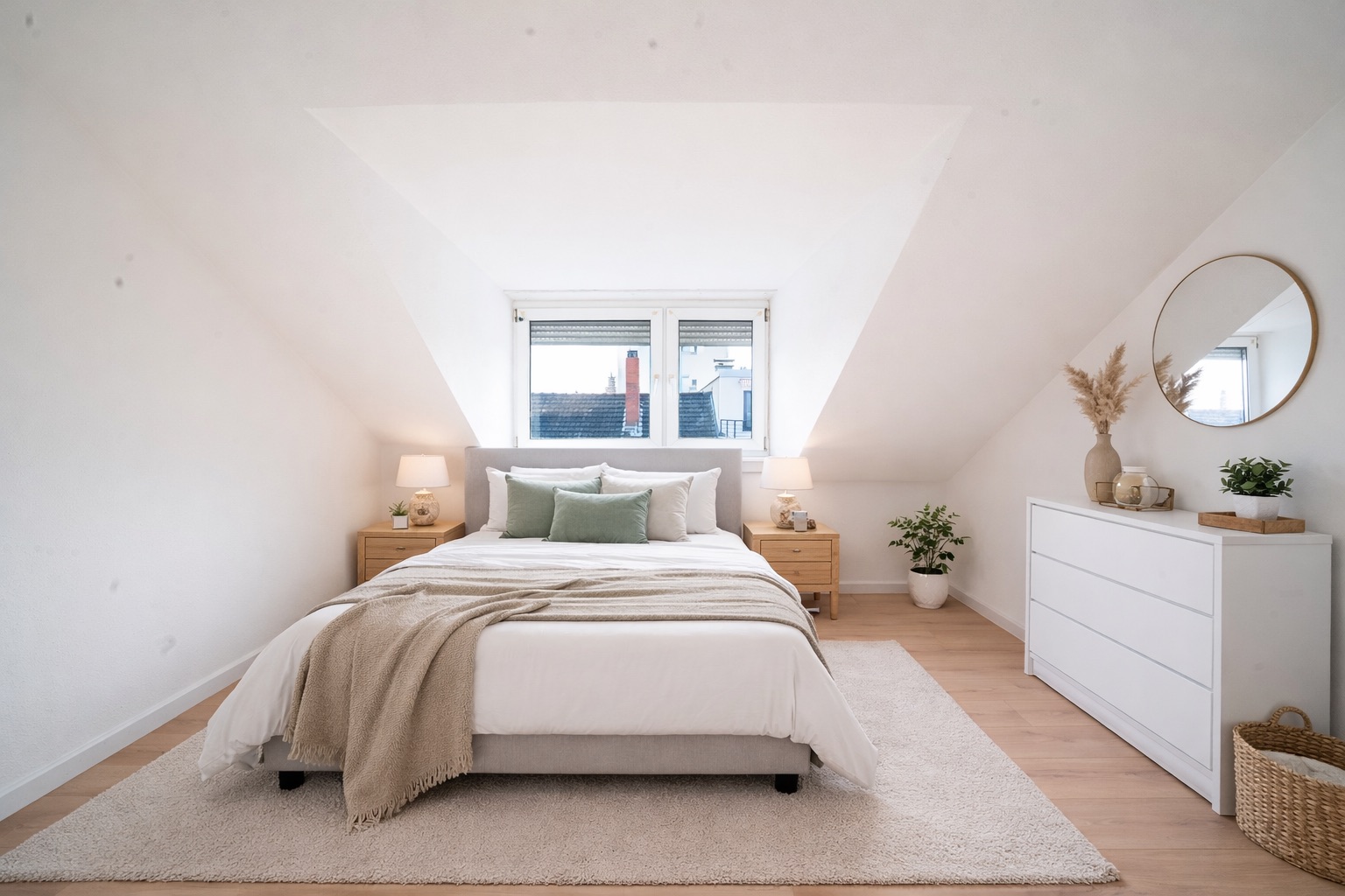 Helles Schlafzimmer mit Doppelbett, Nachttischen, Kommode, Teppich und Pflanzen unter Dachschräge.