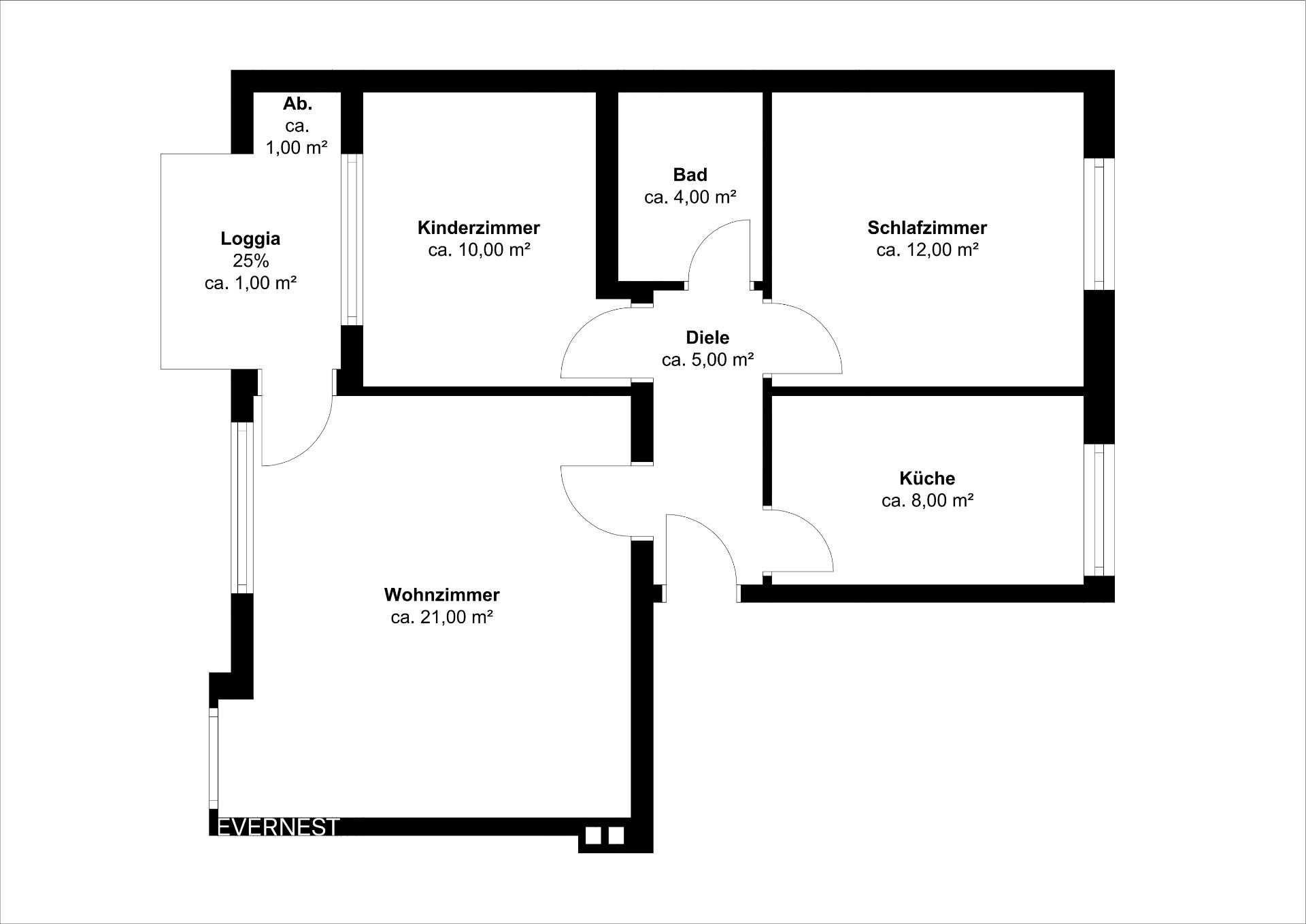 Grundriss einer Wohnung mit Wohnzimmer, Schlafzimmer, Kinderzimmer, Küche, Bad, Diele und Loggia.