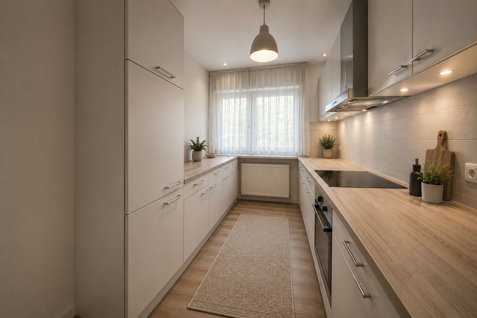 Moderne, schmale Küche mit Holzarbeitsplatten, weißen Schränken und großem Fenster am Ende.