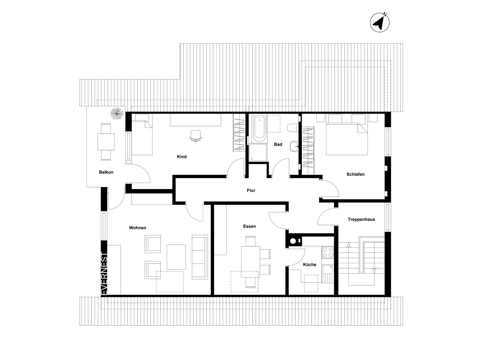 Grundriss einer Wohnung mit Balkon, Wohn-, Ess- und Schlafzimmer, Küche, Bad und Flur.
