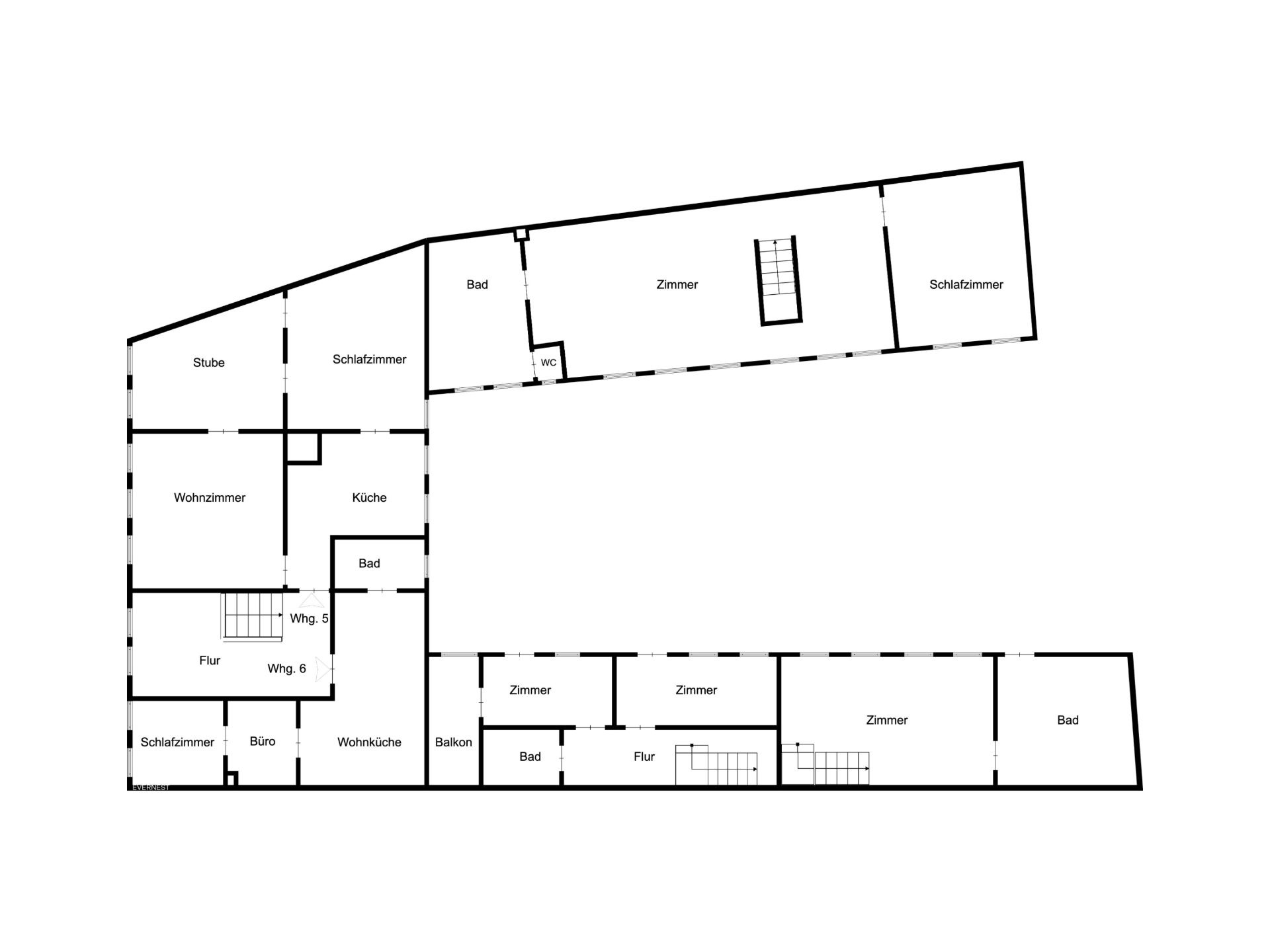 Grundriss einer Wohnung mit mehreren Zimmern, Bädern, Küche, Balkon und Fluren.