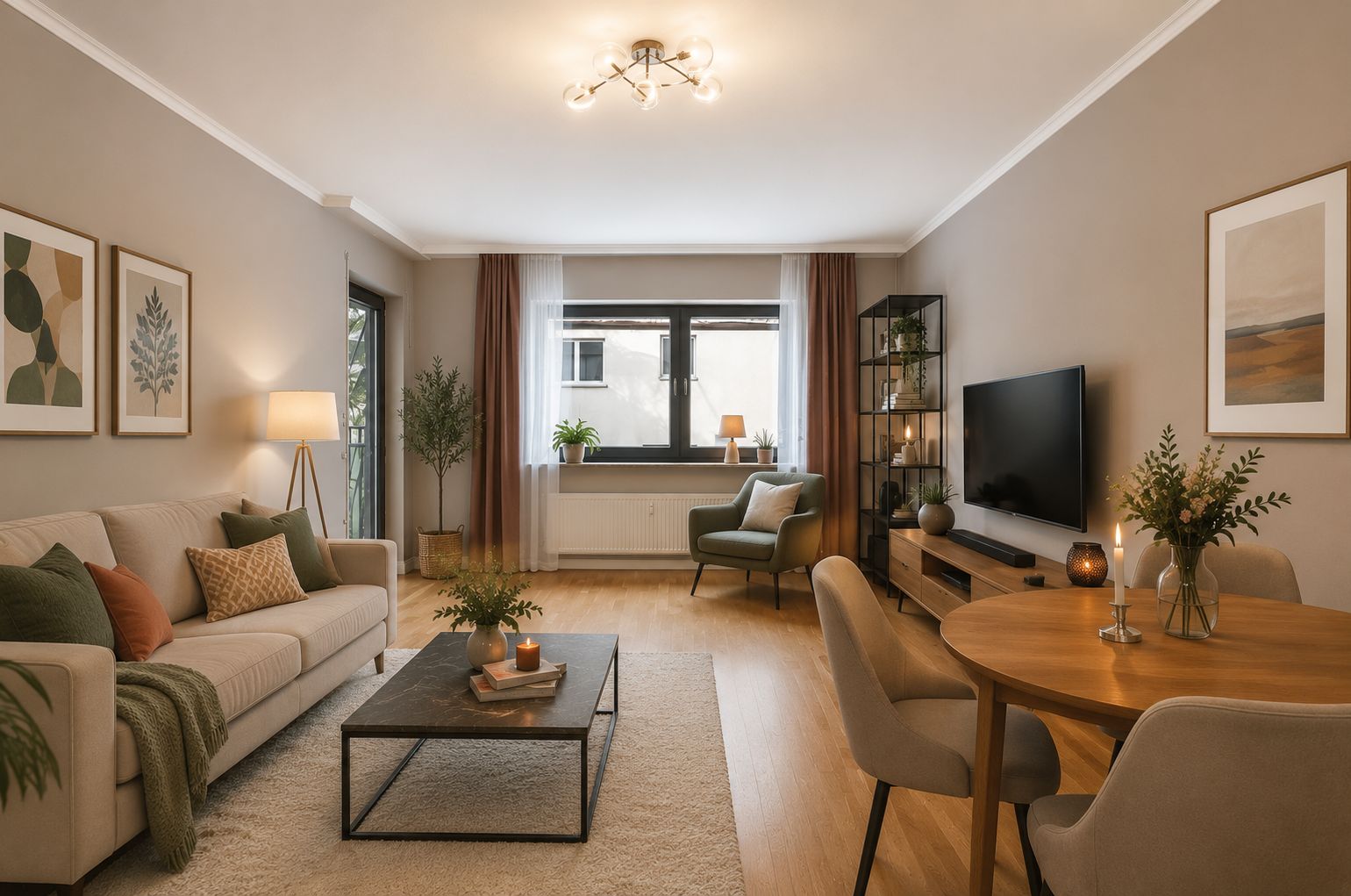 Helles Wohnzimmer mit Sofa, Sessel, Esstisch und Fernseher auf Holzfußboden.