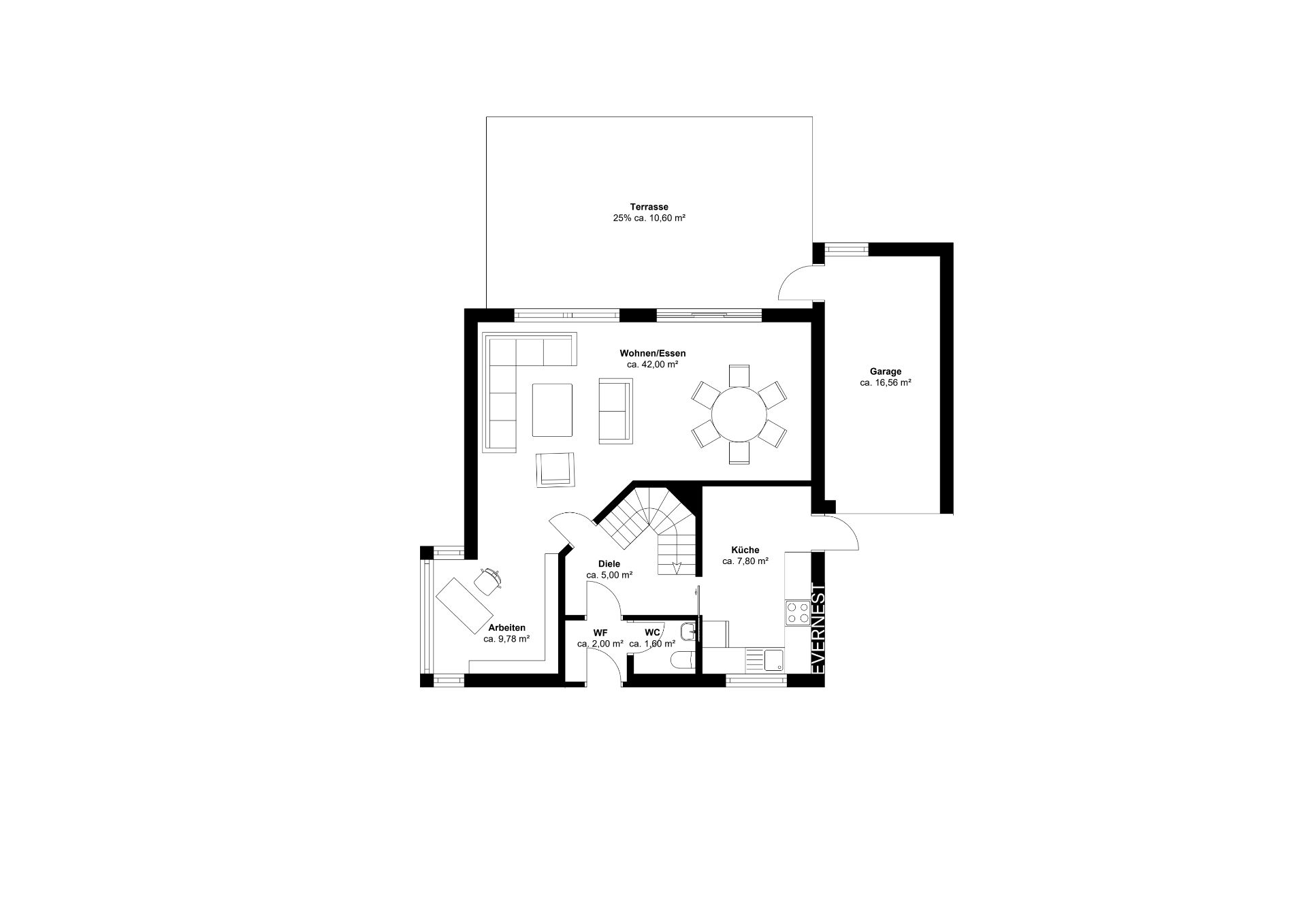 Grundriss eines Wohnhauses mit Terrasse, Wohnzimmer, Garage, Küche, Arbeitszimmer und WC.