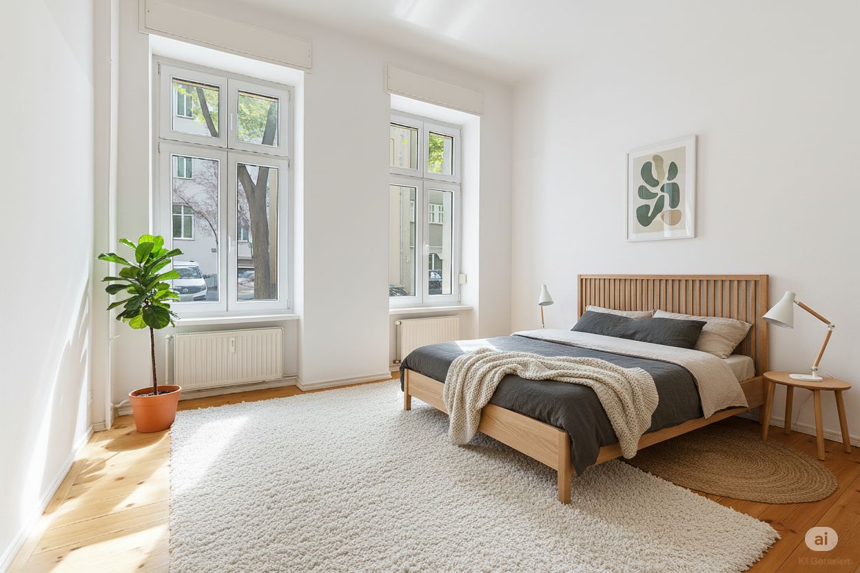 Helles Schlafzimmer mit Doppelbett, zwei Fenstern, Teppich, Pflanze und Nachttischen.