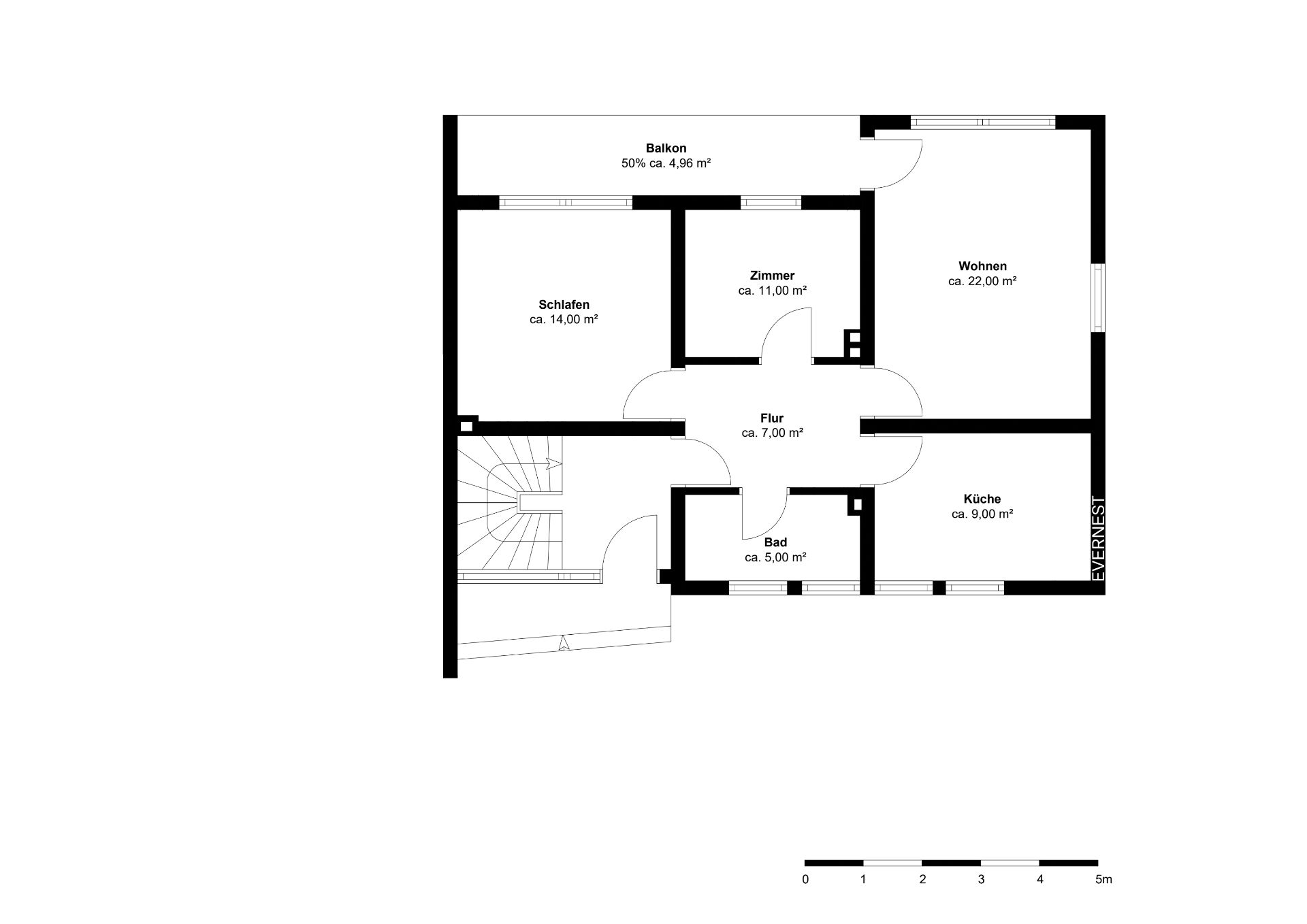 Grundriss einer Wohnung mit Schlafzimmer, Zimmer, Wohnzimmer, Küche, Bad, Flur und Balkon.