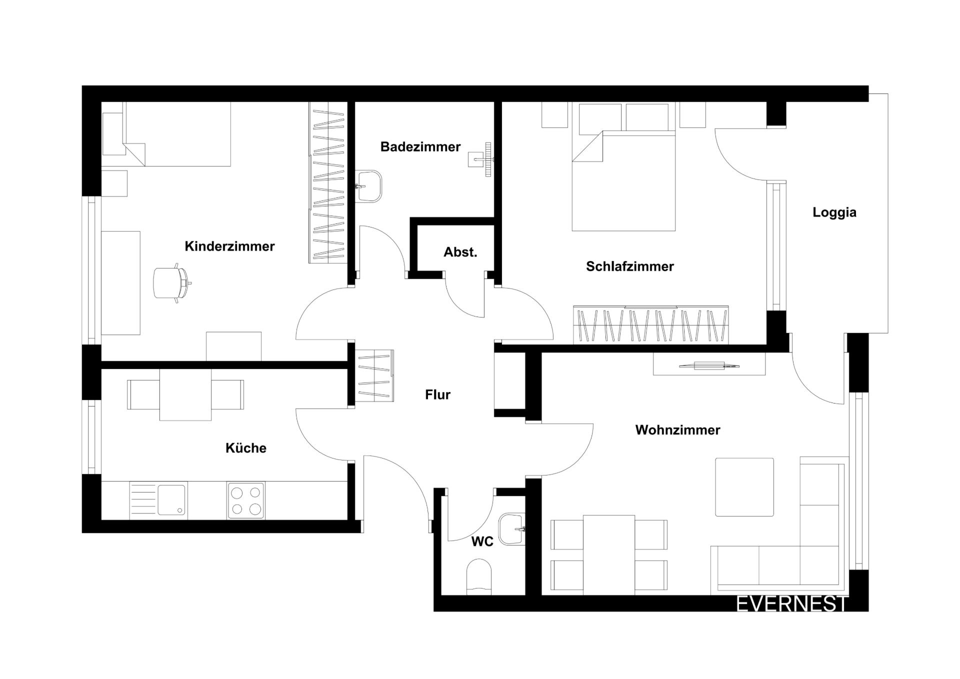 Grundriss einer Wohnung mit Schlafzimmer, Kinderzimmer, Küche, Wohnzimmer, Bad, WC, Flur und Loggia.