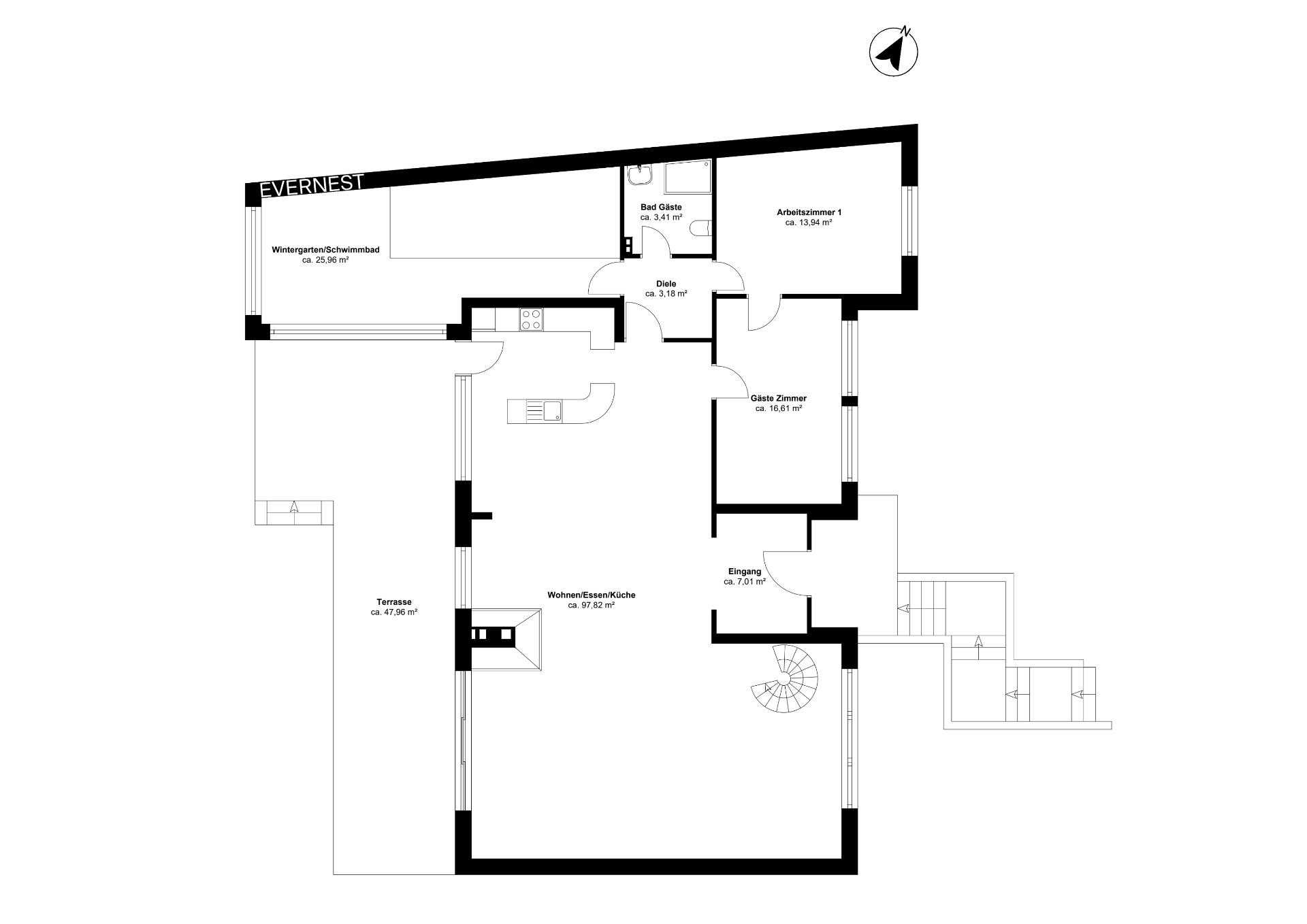 Grundriss einer Wohnung mit Terrasse, Wohnbereich, Küche, Arbeitszimmer und Gästezimmer.