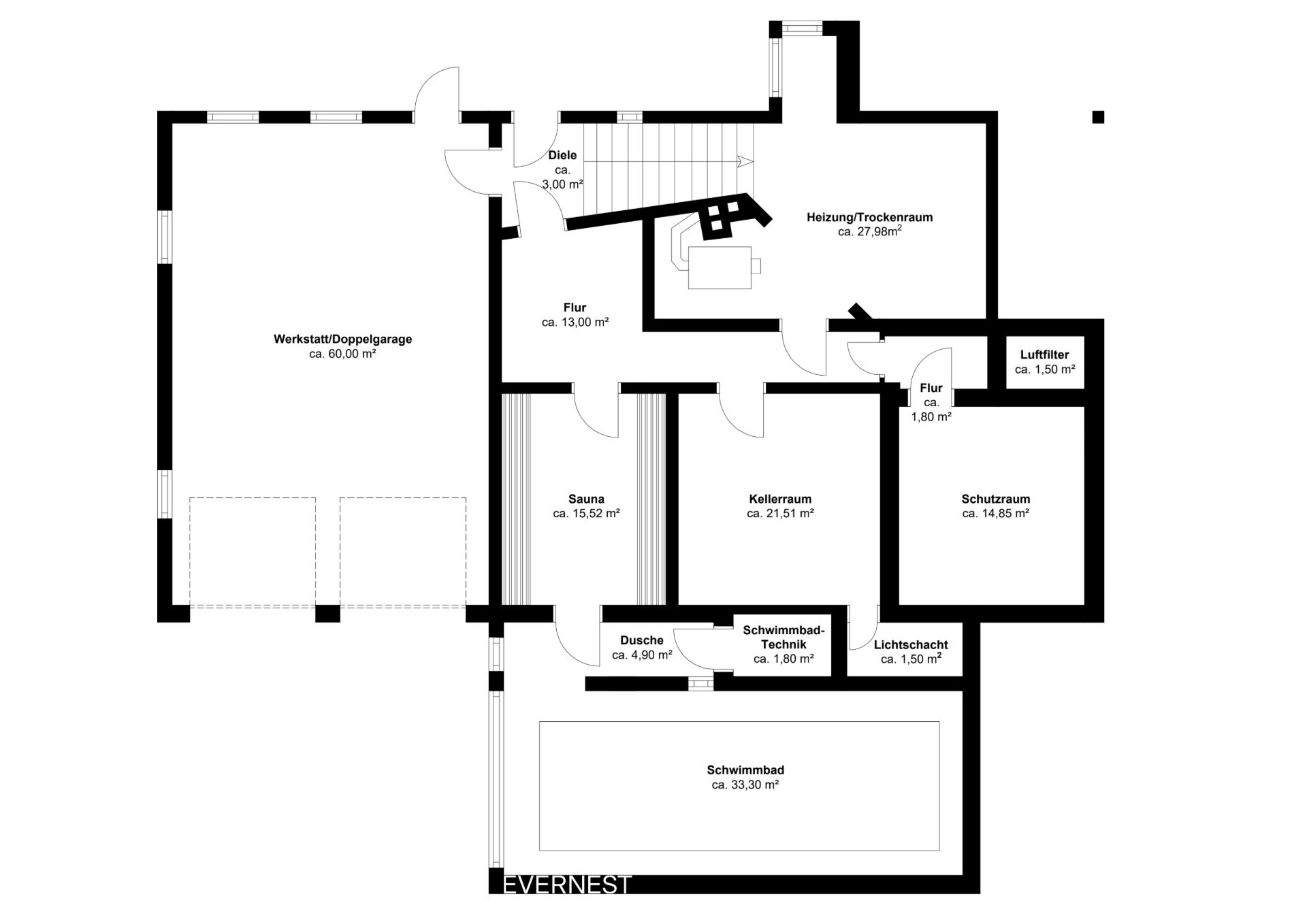 Grundriss mit Garage, Sauna, Kellerraum, Schwimmbad und mehreren anderen Räumen.