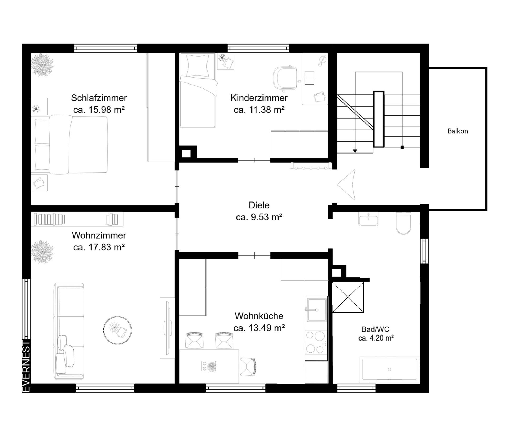 Grundriss einer Wohnung mit Schlafzimmer, Kinderzimmer, Wohnzimmer, Wohnküche, Bad und Balkon.