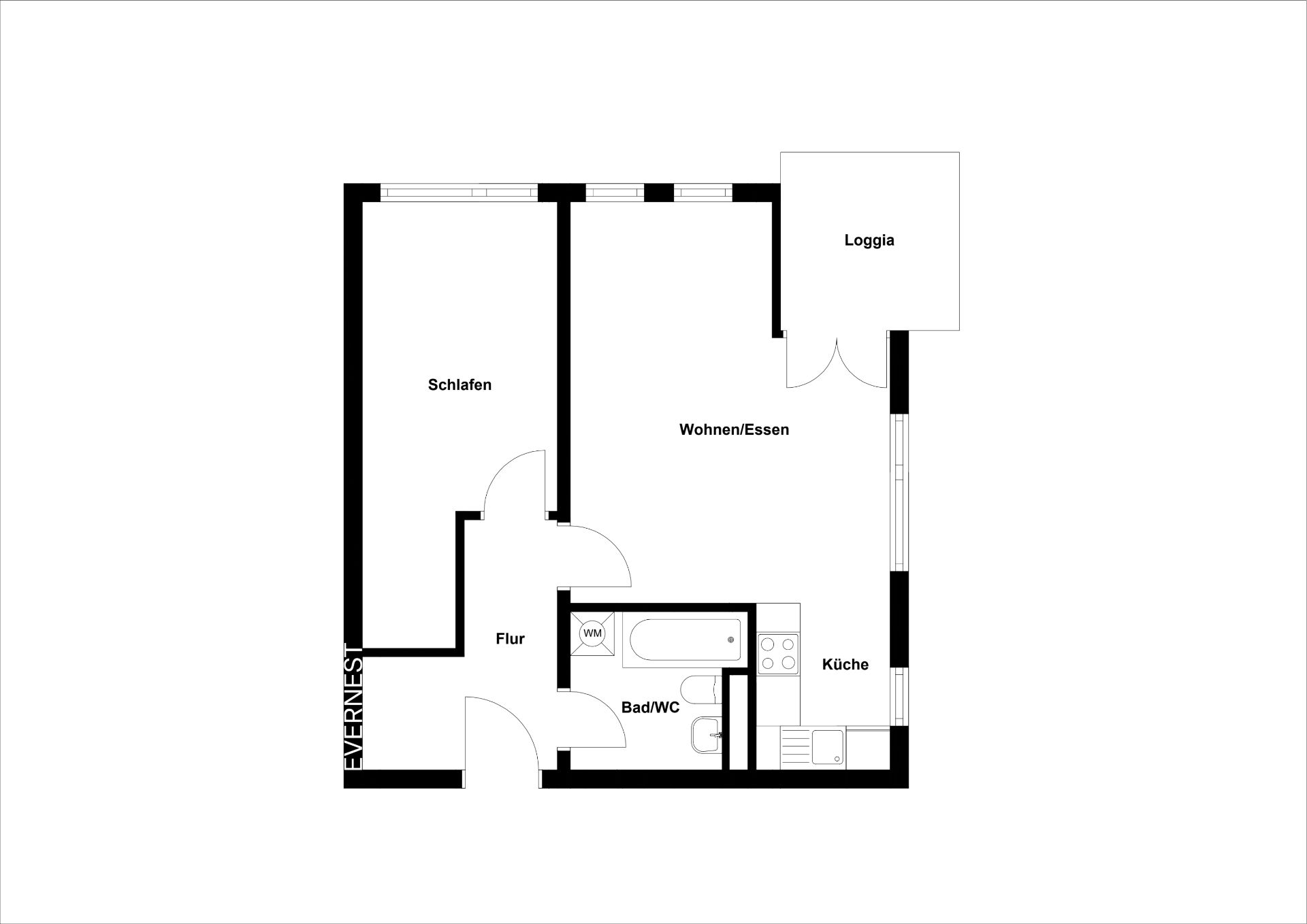 Grundriss einer Wohnung mit Schlafraum, Wohn-/Essbereich, Küche, Bad/WC, Flur und Loggia.