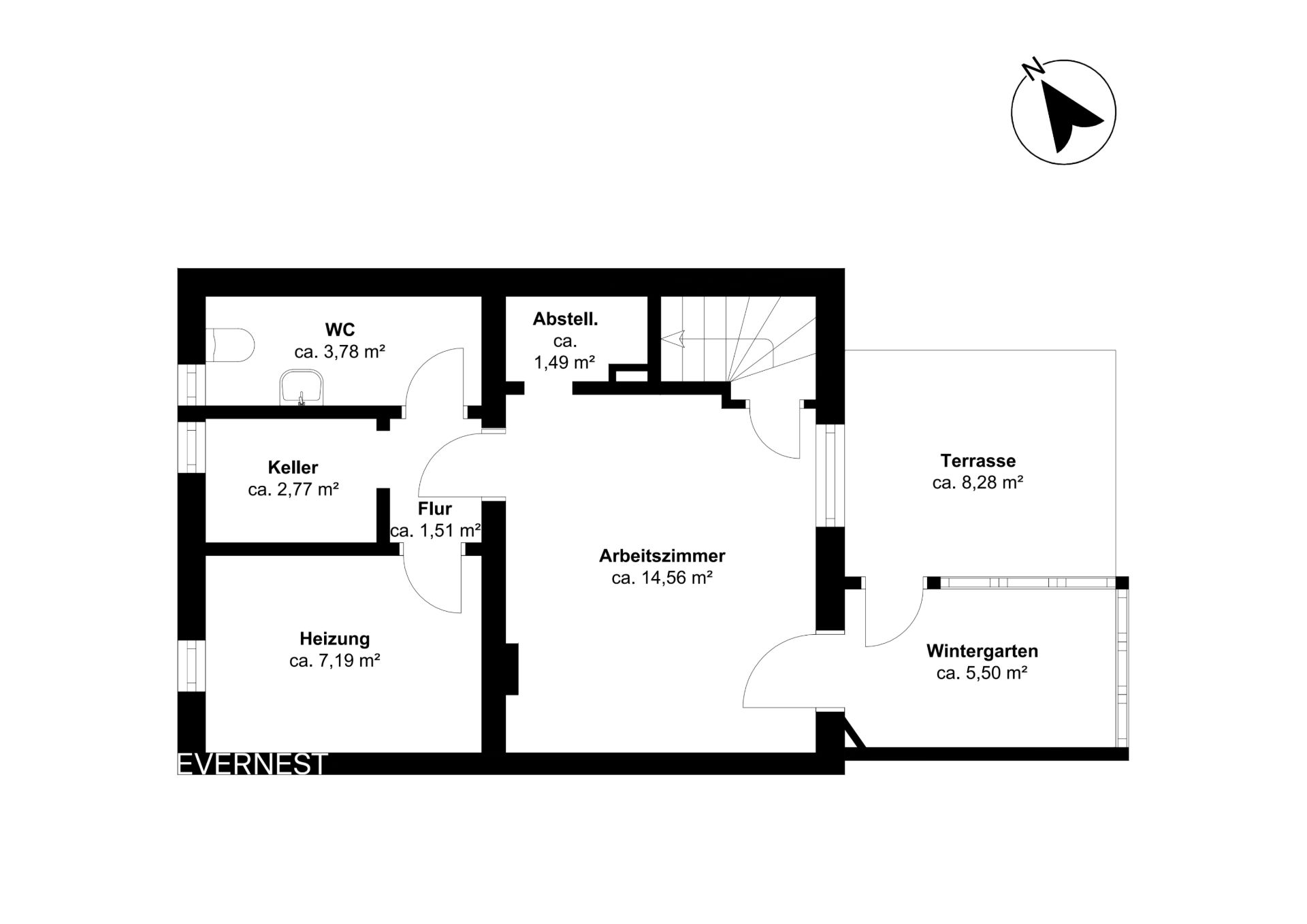 Grundriss mit WC, Keller, Heizung, Arbeitszimmer, Abstellraum, Terrasse und Wintergarten.