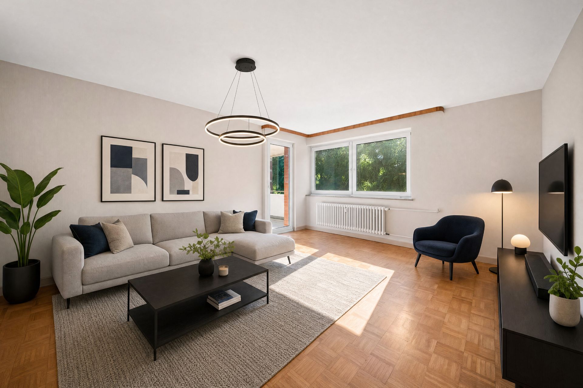 Helles Wohnzimmer mit Sofa, Sessel, Couchtisch, großem Fenster und Fernseher.