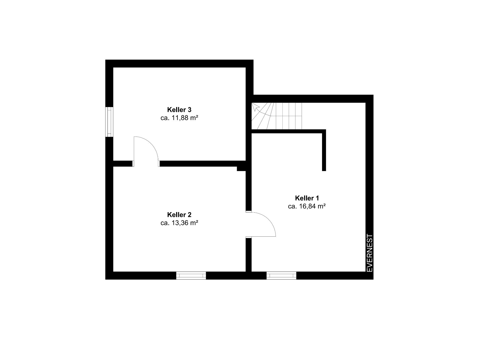 Grundriss mit drei Kellerräumen und einer Treppe, Flächenangaben in Quadratmetern.