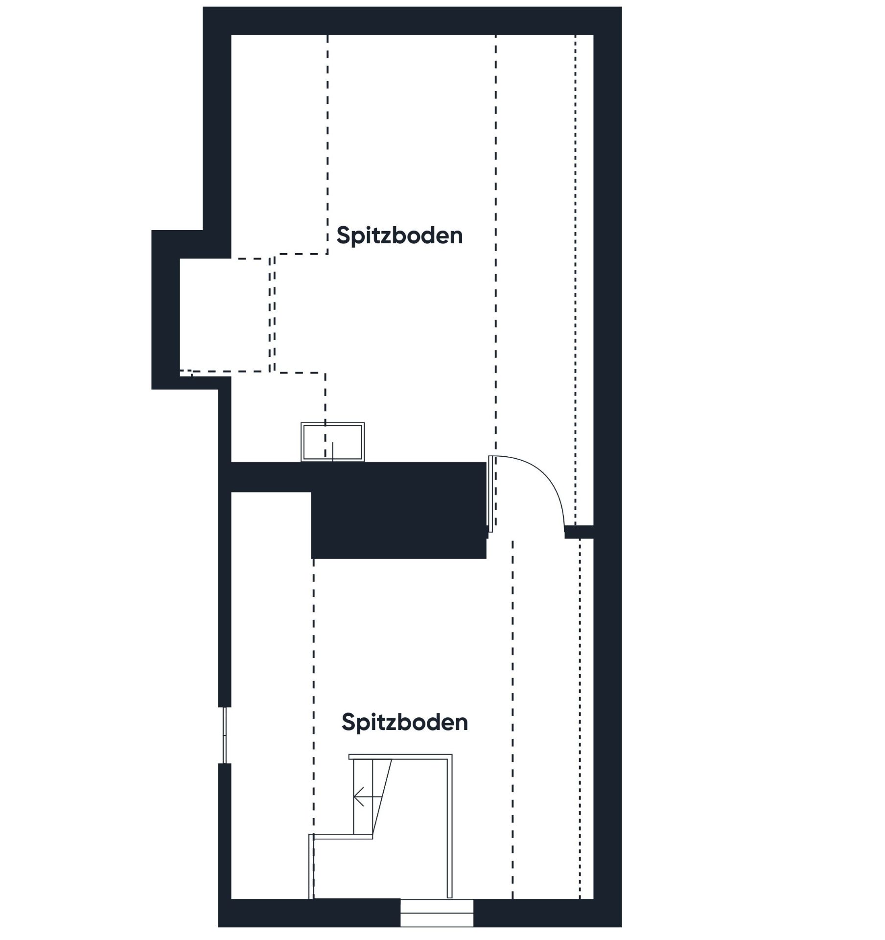 Grundriss eines Spitzbodens mit Treppe und zwei abgetrennten Bereichen.