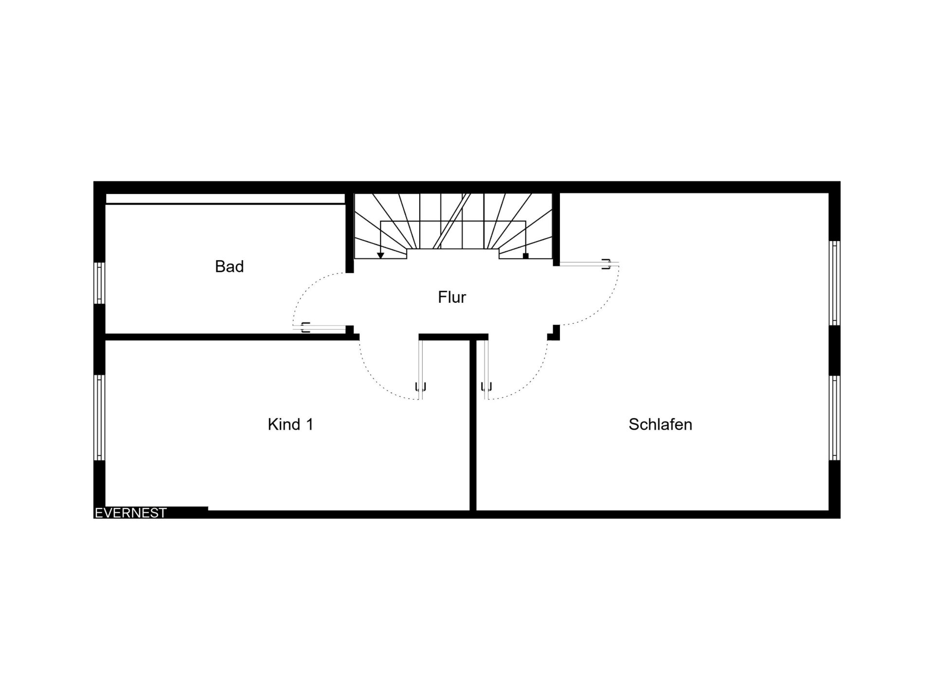 Grundriss mit Bad, Flur, Schlafzimmer und einem Kinderzimmer.