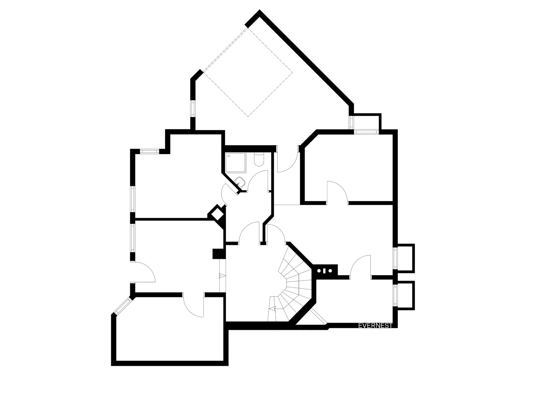 Grundriss eines Wohnhauses mit mehreren Zimmern und einem Treppenhaus in der Mitte.