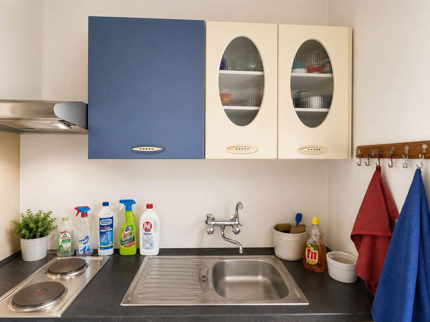 Küchenspüle mit blau-weißen Hängeschränken, Reinigungsmitteln und bunten Handtüchern an Haken.