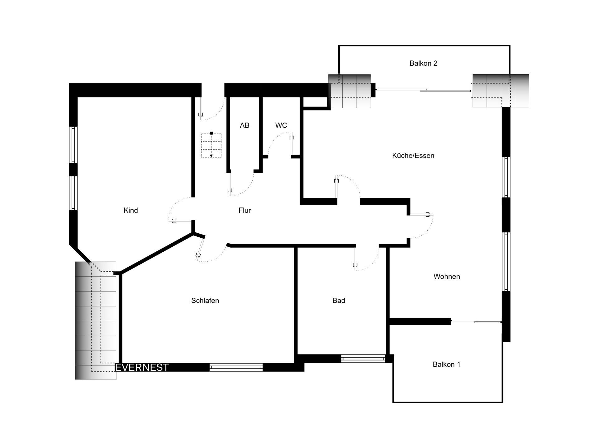 Grundriss einer Wohnung mit zwei Balkonen, Schlafzimmer, Kinderzimmer, Bad, Küche und Wohnbereich.