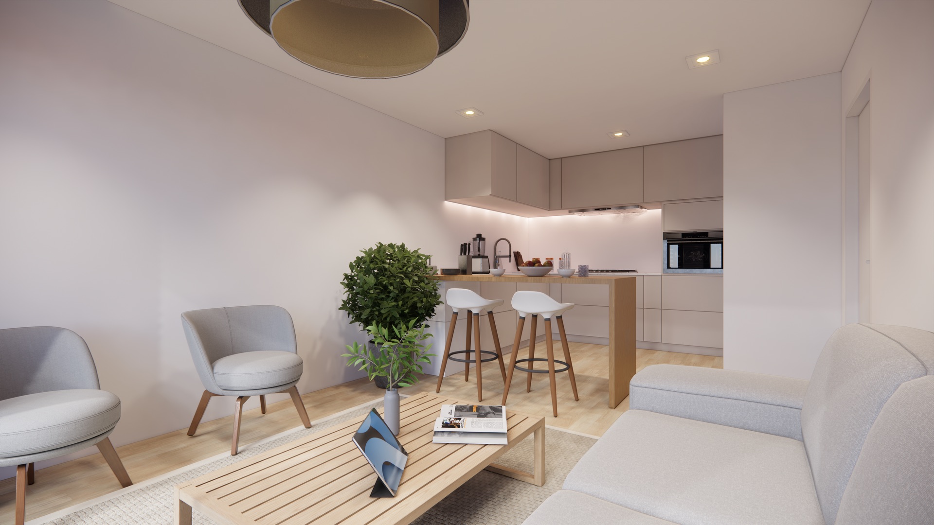 Modernes Wohnzimmer mit Sofa, Sessel, Couchtisch, Pflanze und offener Küche mit Barhockern.