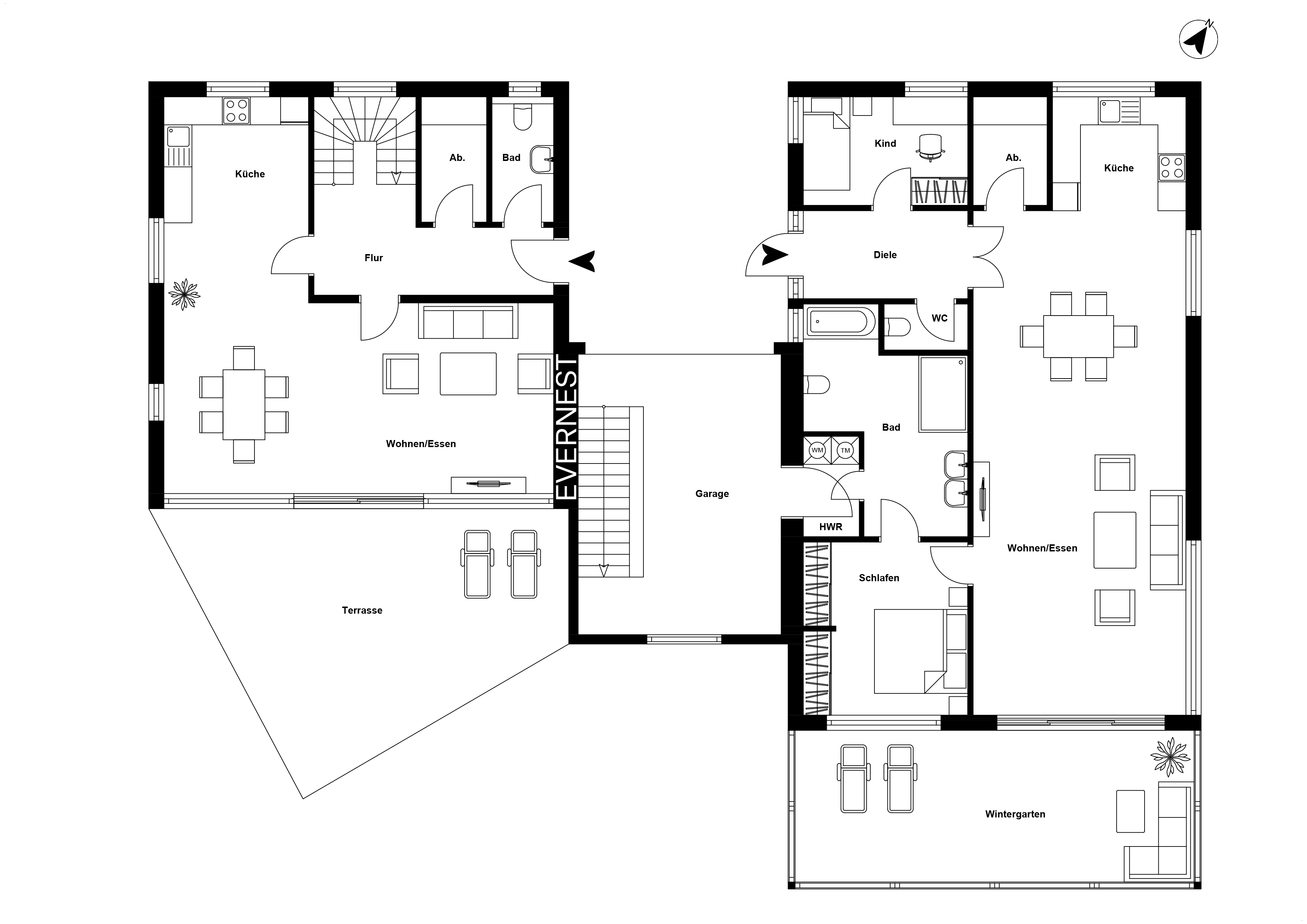 Grundriss eines Wohnhauses mit Küche, Wohn- und Essbereich, Schlafzimmer, Terrasse und Wintergarten.
