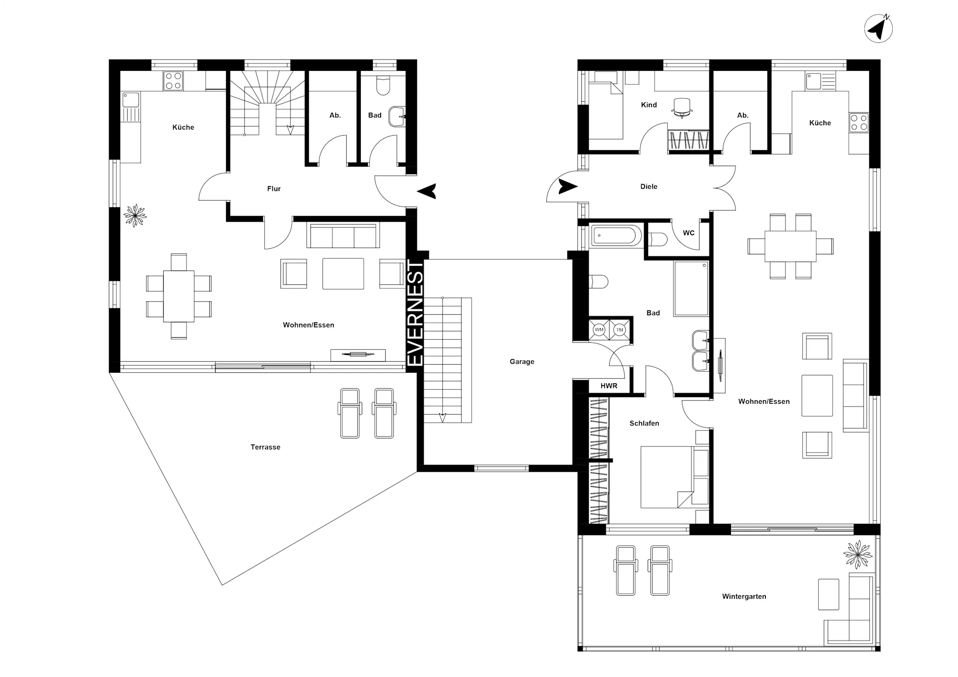 Grundriss eines Wohnhauses mit Küche, Wohn- und Essbereich, Schlafzimmer, Terrasse und Wintergarten.