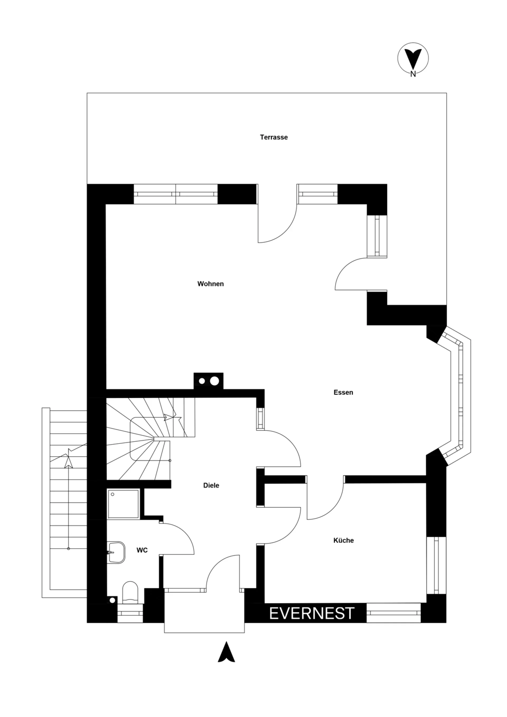 Grundriss einer Wohnung mit Terrasse, Wohnzimmer, Essbereich, Küche, Diele und WC.