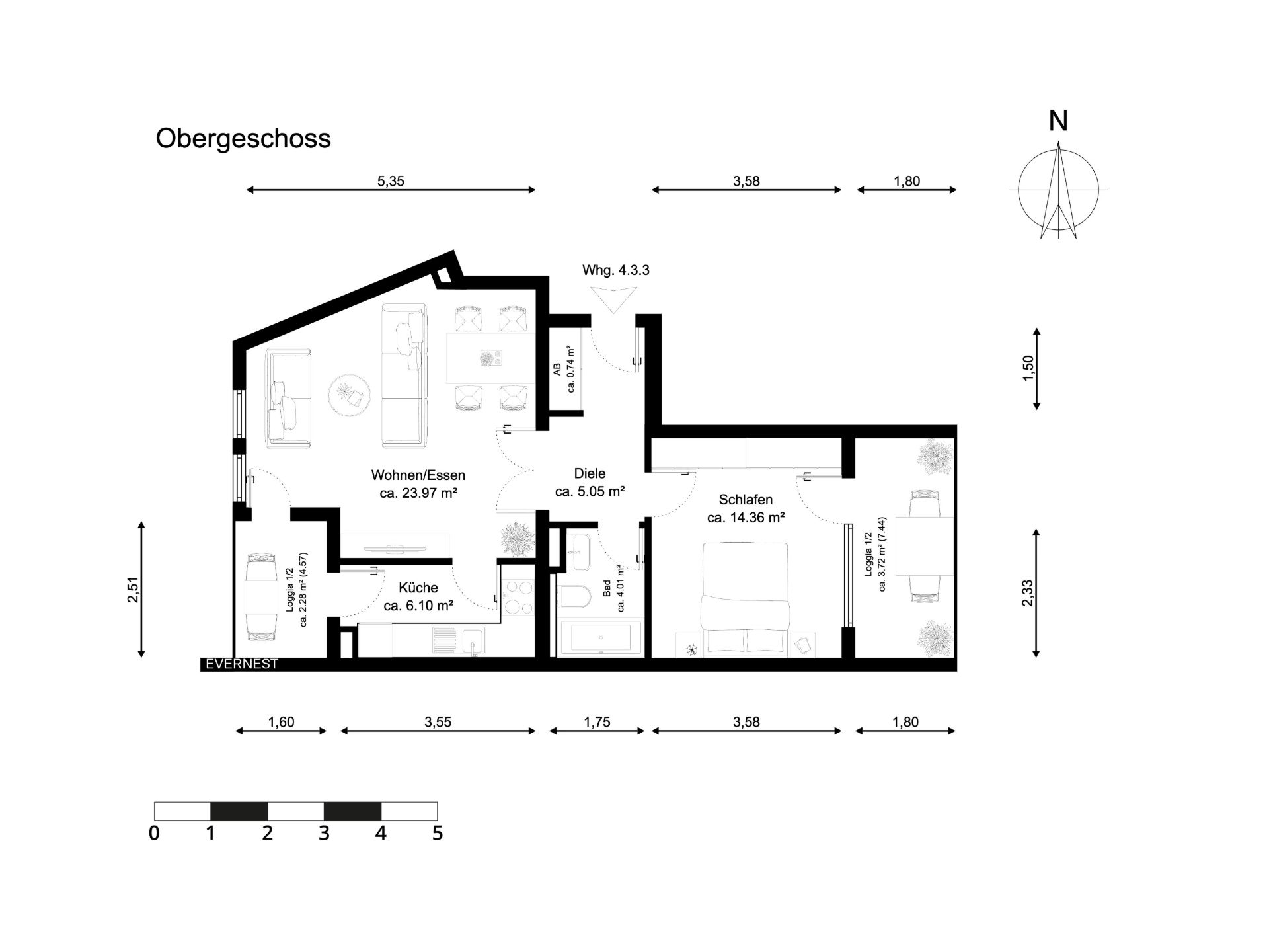 Grundriss einer Wohnung mit Wohn-/Esszimmer, Küche, Schlafzimmer, Bad und Balkon.