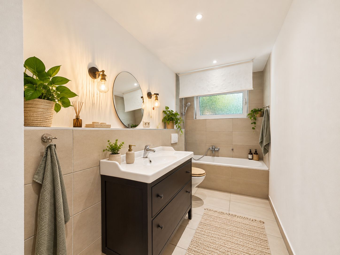 Modernes Badezimmer mit Waschbecken, Spiegel, Badewanne und mehreren Pflanzen.
