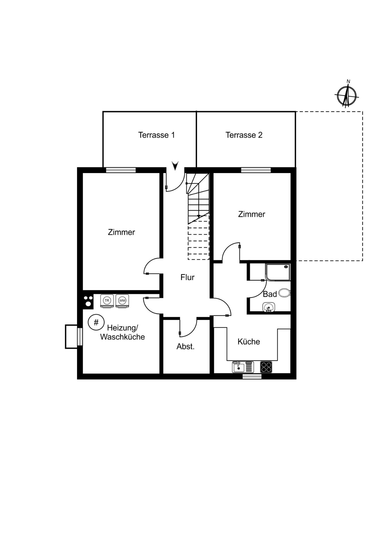 Grundriss einer Wohnung mit zwei Zimmern, Küche, Bad, Flur, Abstellraum und zwei Terrassen.