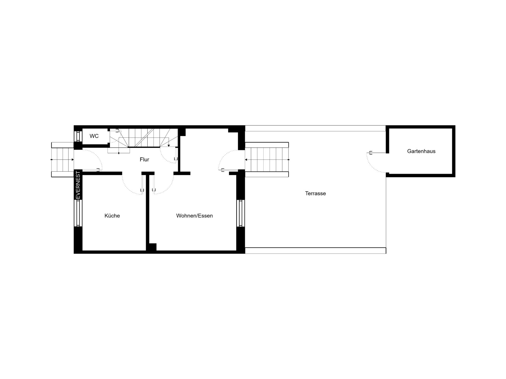 Grundriss mit Küche, Wohn-/Essbereich, WC, Flur, Terrasse und Gartenhaus.